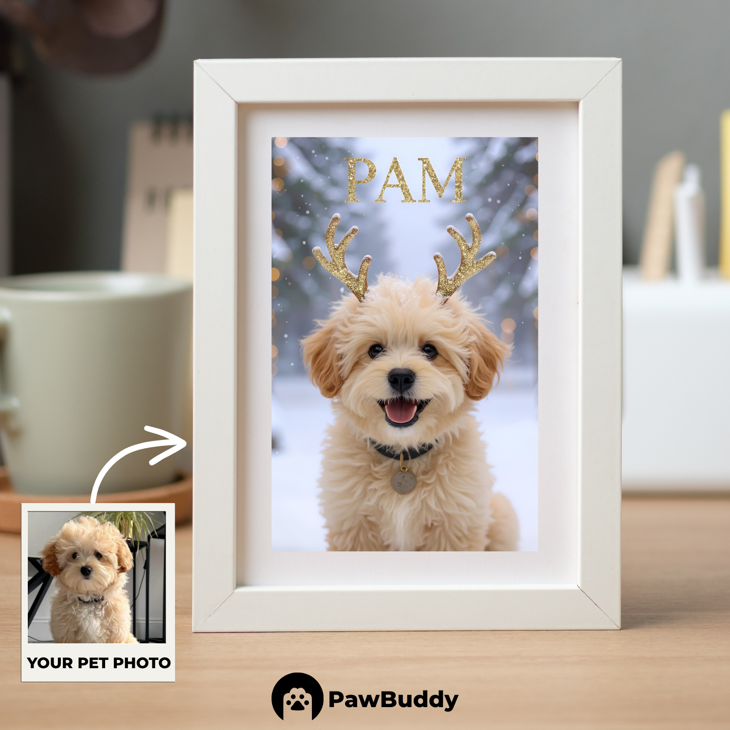 Custom Pet Poster Snowy Reindeer Christmas Portrait – Personalized High-Resolution Matte Print for Wall Art, Home Decor, or Unique Gifts for Pet Lovers (Frame Not Included)