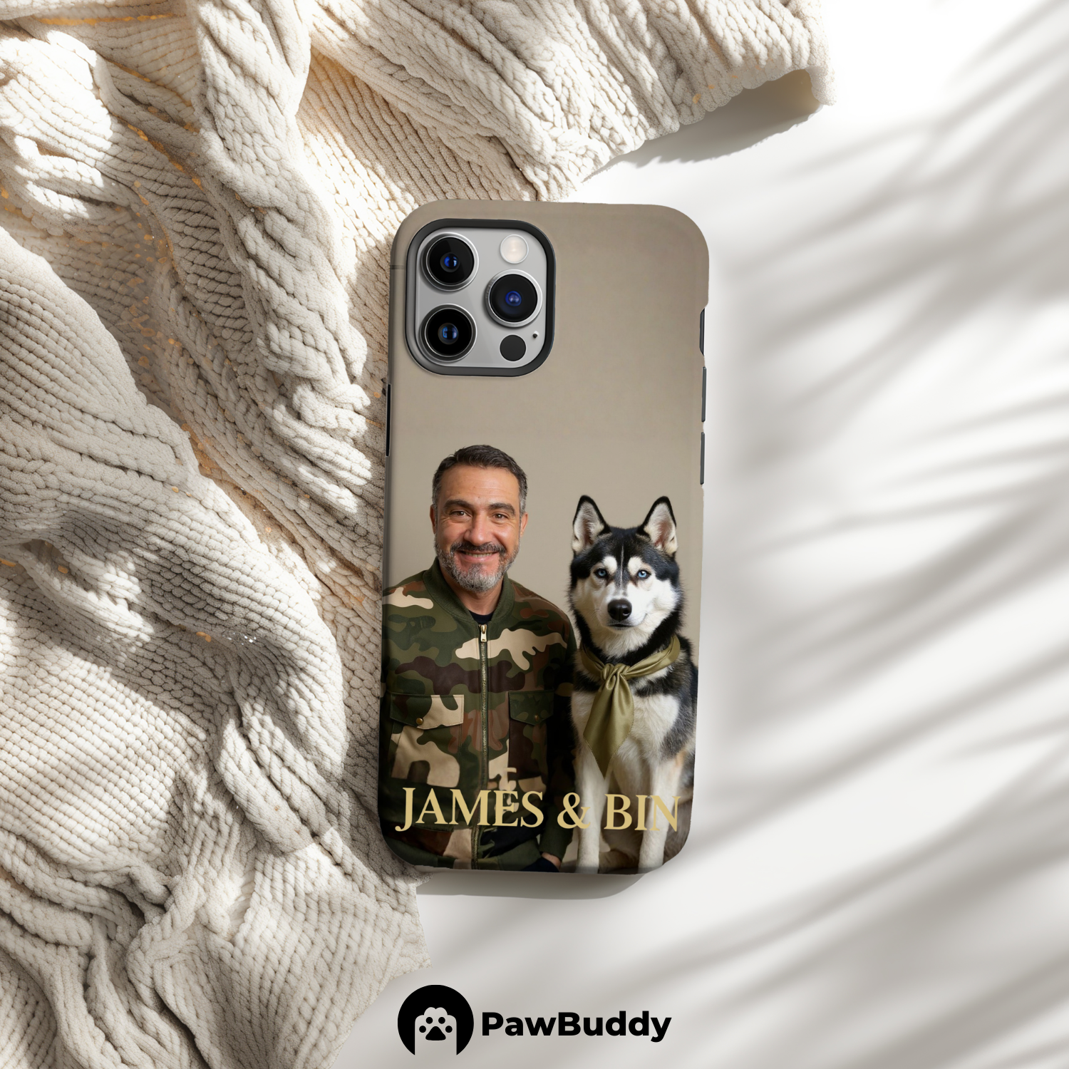 Custom Human & Pet Phone Case for iPhone 11–17, Personalized Camouflage Duo Portrait Design, Dual-Layer Shockproof PC+TPU Protective Cover with Glossy Wraparound Printing, Unique Gift for Pet Lovers