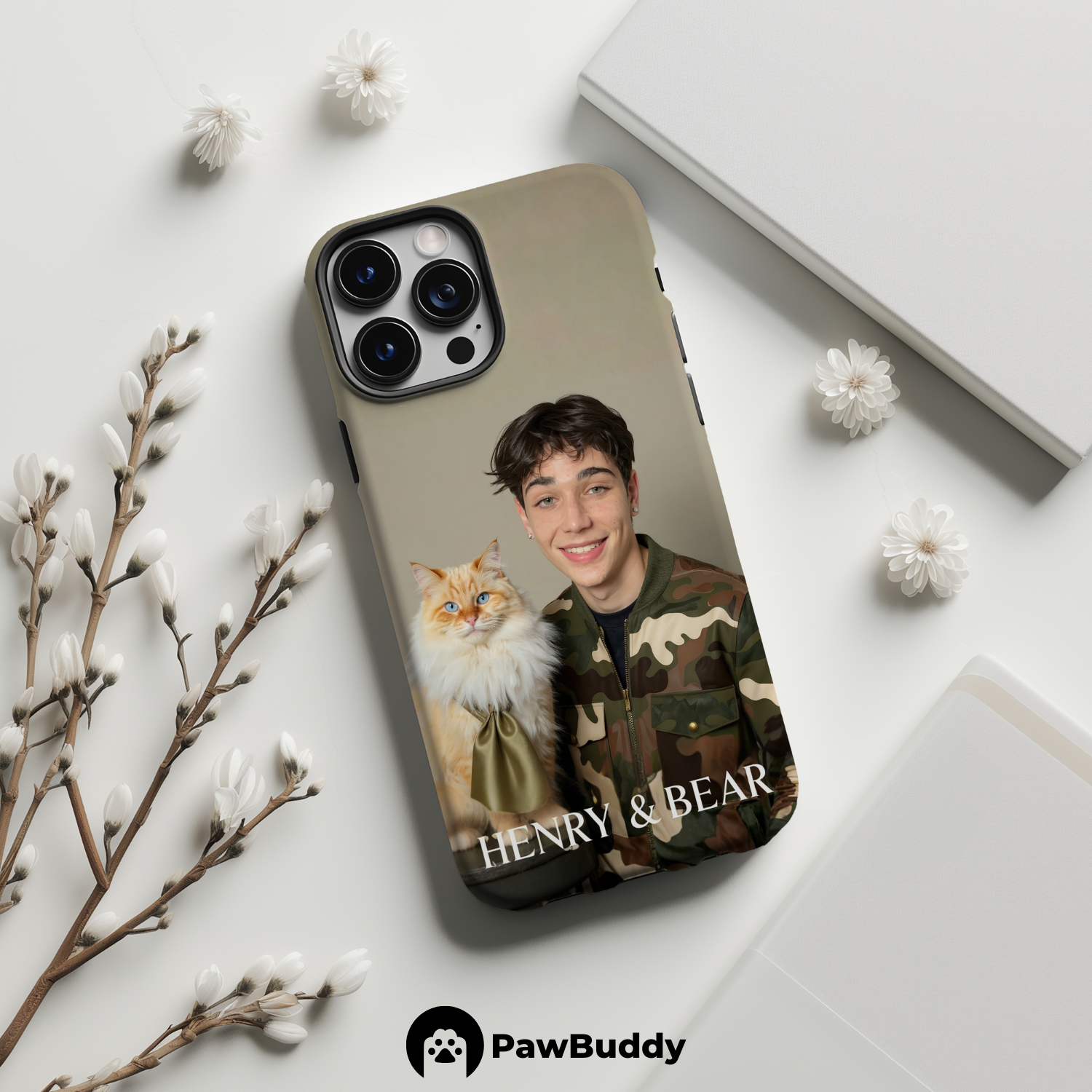 Custom Human & Pet Phone Case for iPhone 11–17, Personalized Camouflage Duo Portrait Design, Dual-Layer Shockproof PC+TPU Protective Cover with Glossy Wraparound Printing, Unique Gift for Pet Lovers