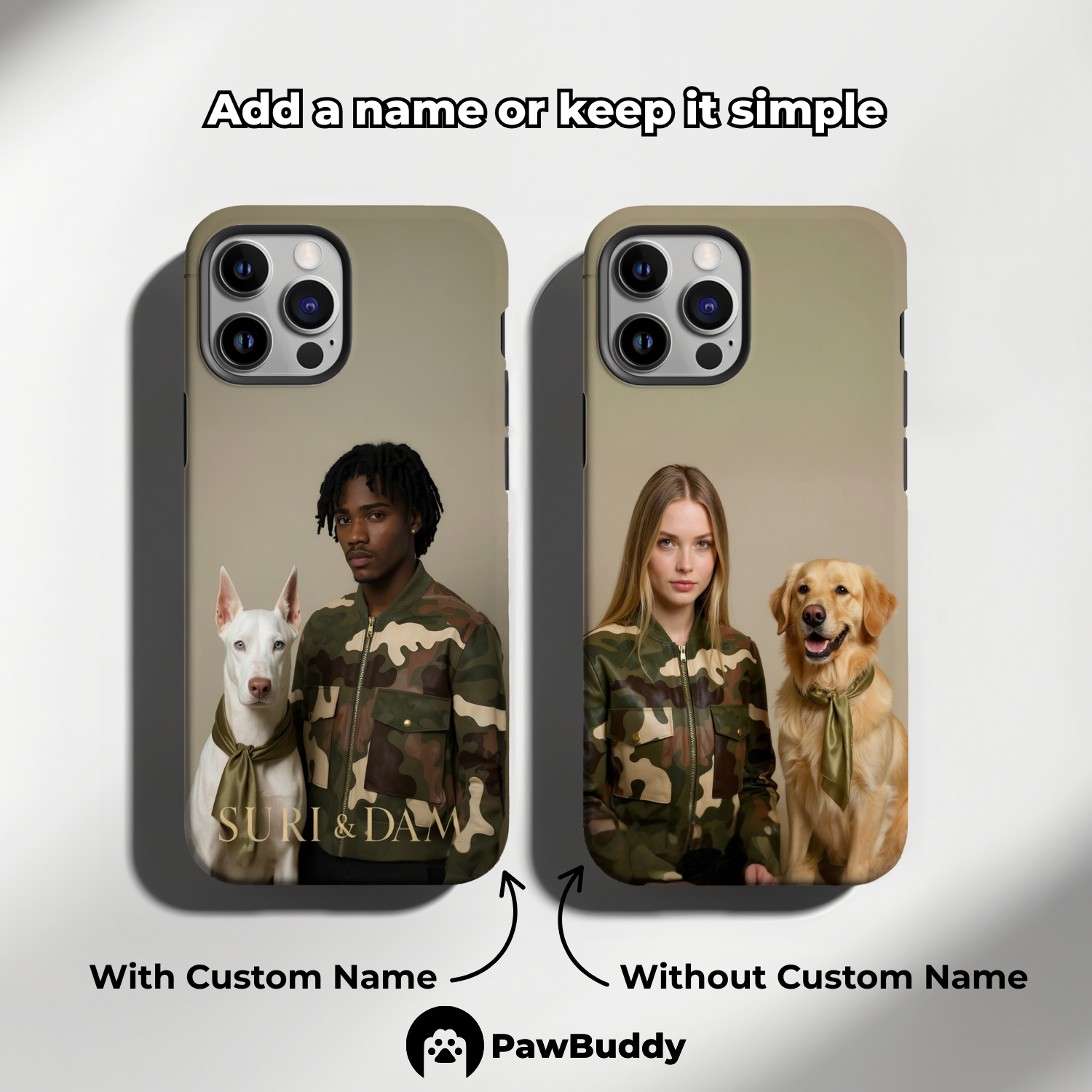 Custom Human & Pet Phone Case for iPhone 11–17, Personalized Camouflage Duo Portrait Design, Dual-Layer Shockproof PC+TPU Protective Cover with Glossy Wraparound Printing, Unique Gift for Pet Lovers