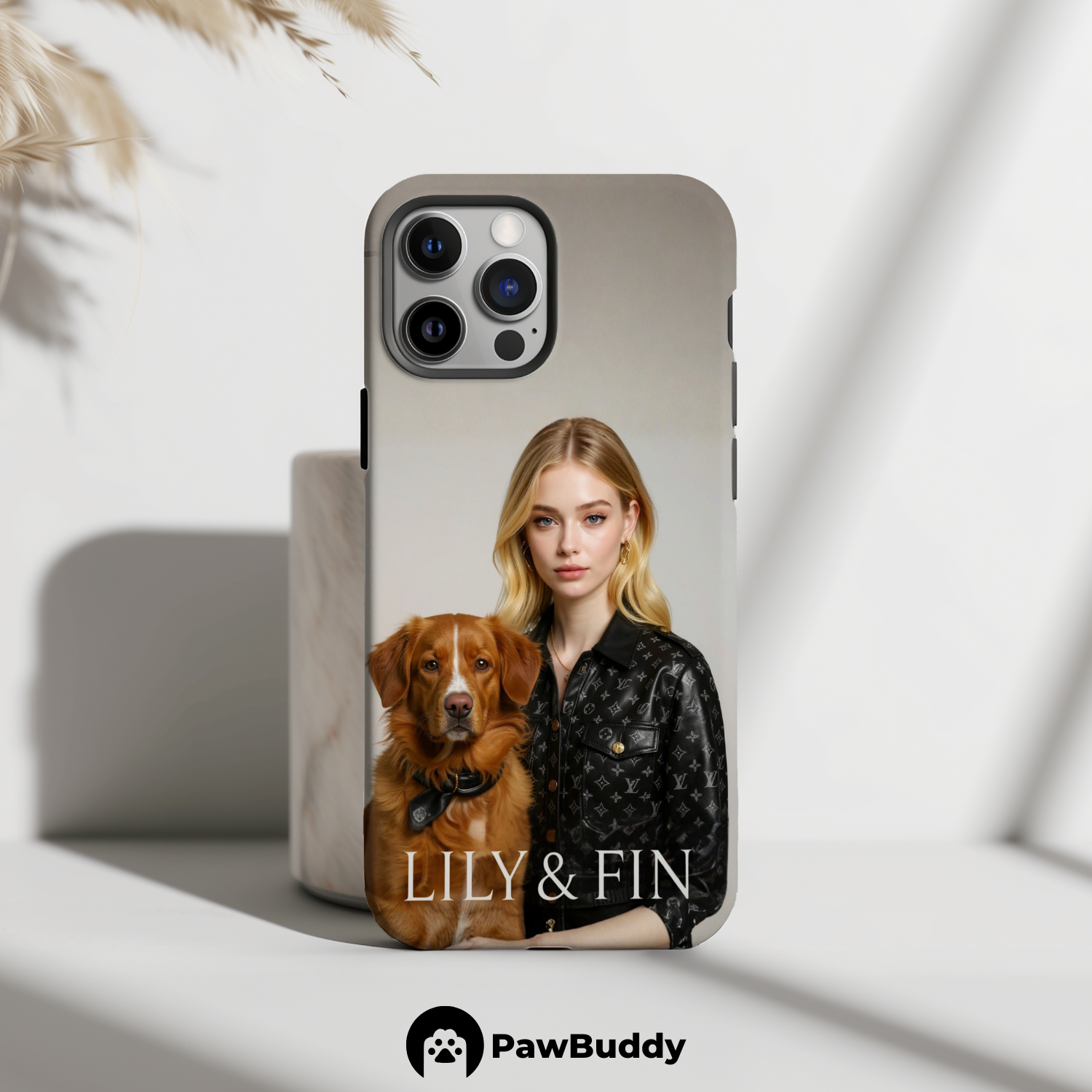 Custom Human & Pet Phone Case for iPhone 11–17, Personalized Luxury Leather Style Portrait Design, Dual-Layer Shockproof PC+TPU Protective Cover with Glossy Wraparound Printing, Unique Gift for Pet Lovers