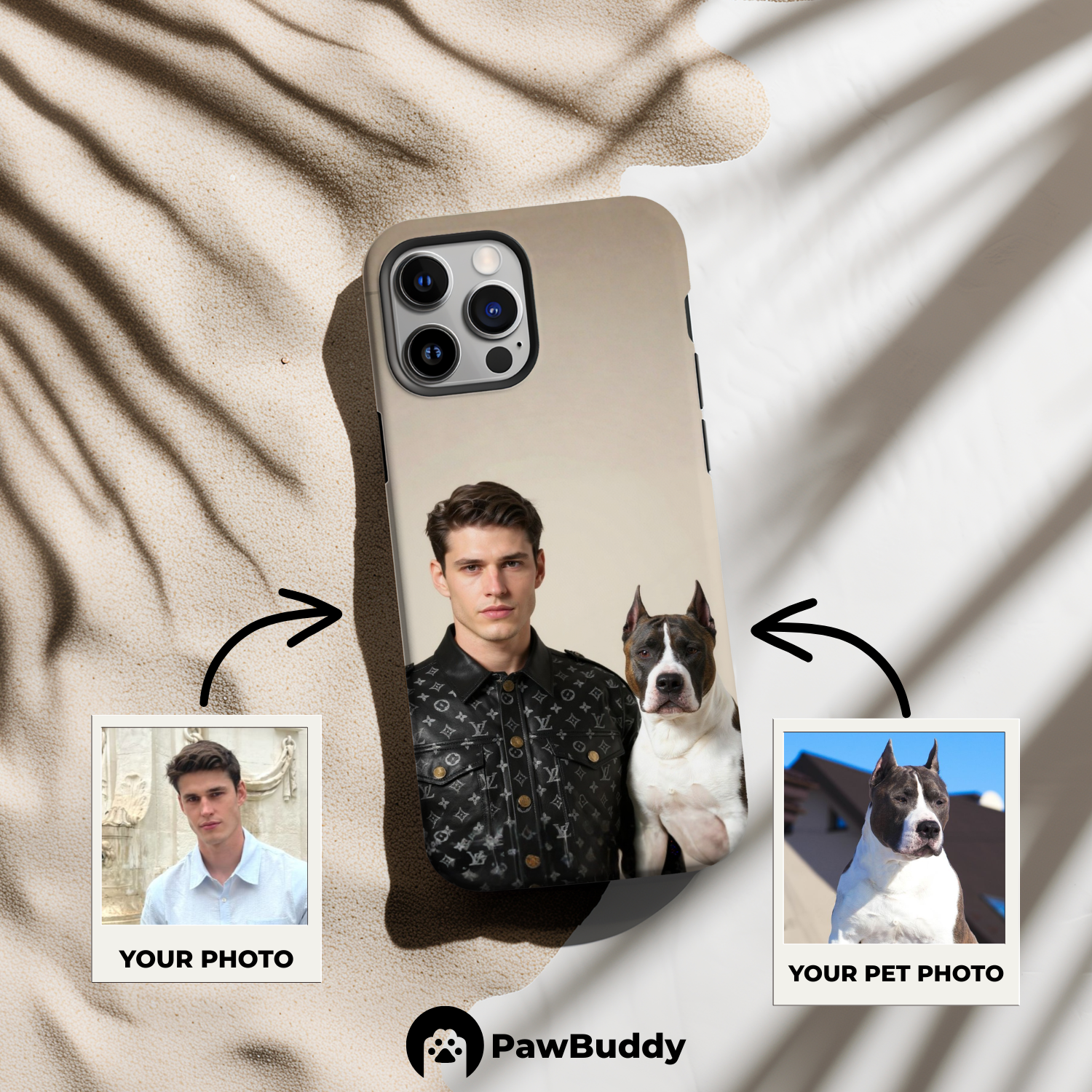 Custom Human & Pet Phone Case for iPhone 11–17, Personalized Luxury Leather Style Portrait Design, Dual-Layer Shockproof PC+TPU Protective Cover with Glossy Wraparound Printing, Unique Gift for Pet Lovers