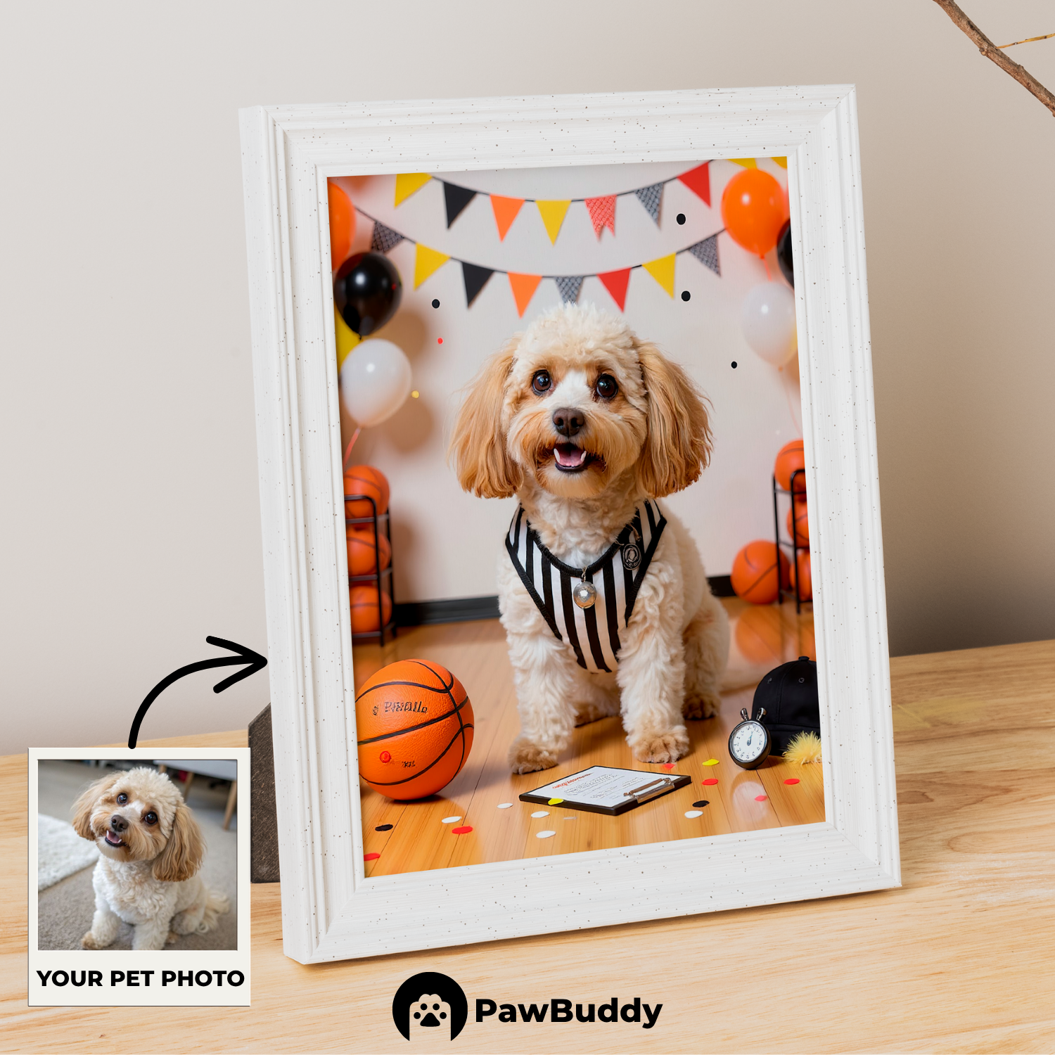 Custom Pet Poster Basketball Referee Portrait – Personalized High-Resolution Matte Print for Wall Art, Home Decor, or Unique Gifts for Pet Lovers (Frame Not Included)