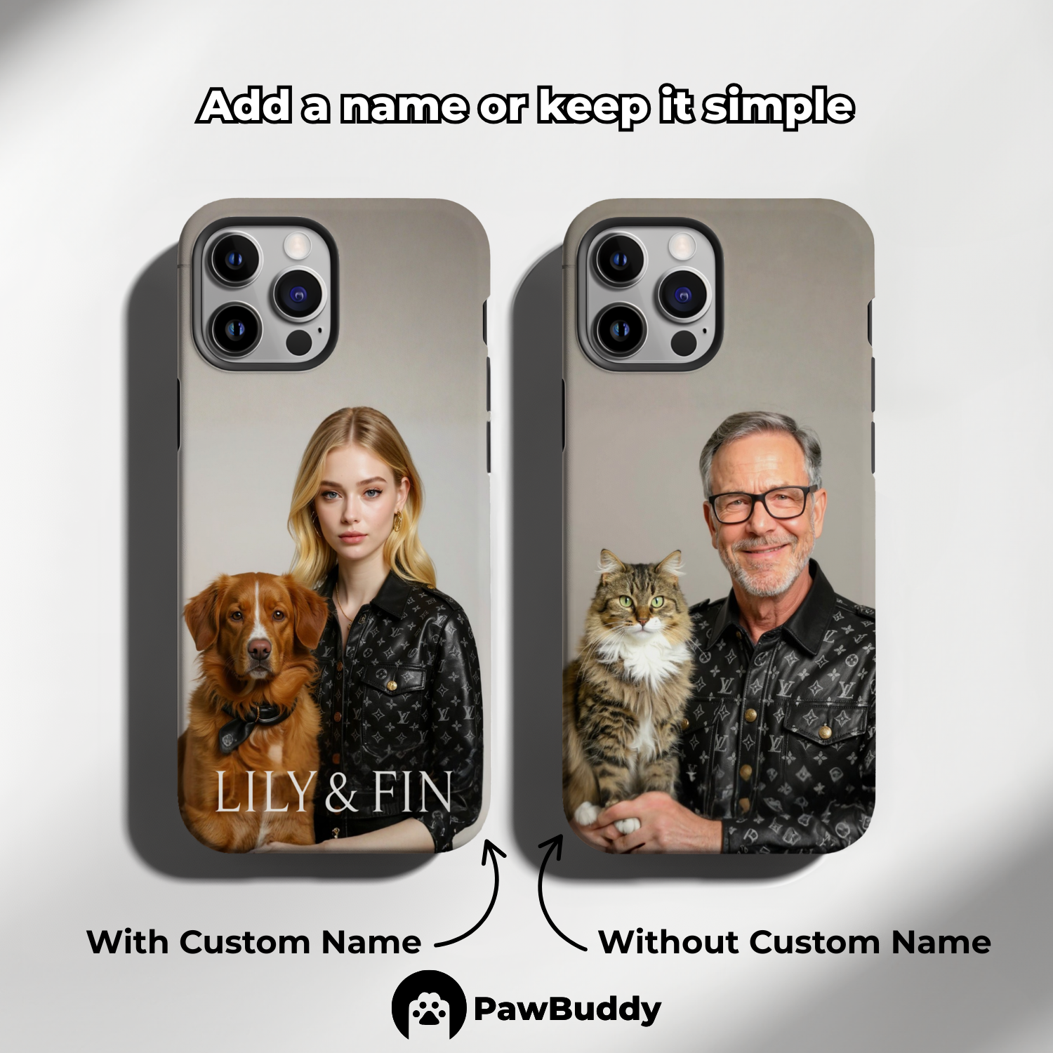 Custom Human & Pet Phone Case for iPhone 11–17, Personalized Luxury Leather Style Portrait Design, Dual-Layer Shockproof PC+TPU Protective Cover with Glossy Wraparound Printing, Unique Gift for Pet Lovers