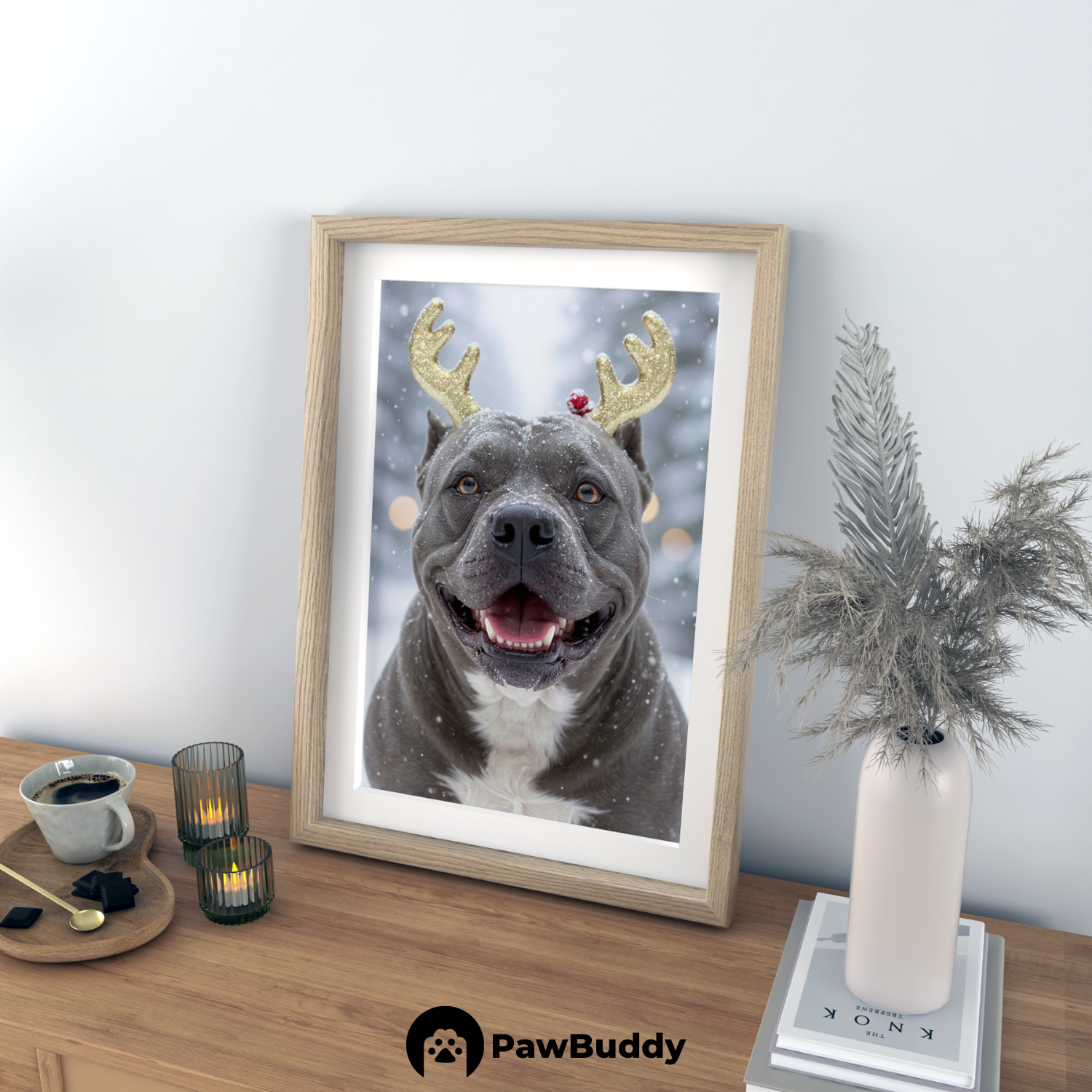 Custom Pet Poster Snowy Reindeer Christmas Portrait – Personalized High-Resolution Matte Print for Wall Art, Home Decor, or Unique Gifts for Pet Lovers (Frame Not Included)