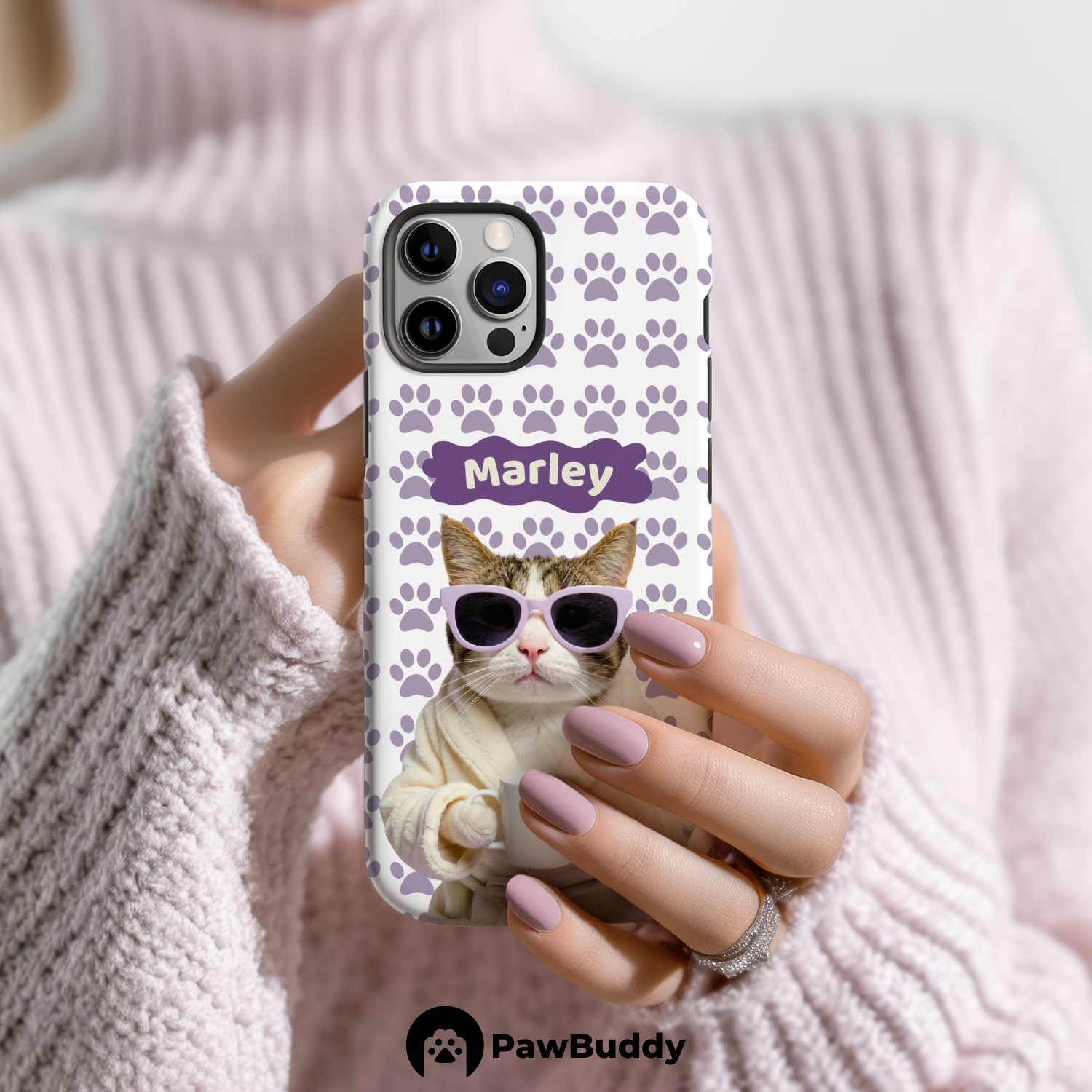 Custom Pet Phone Case for iPhone 11–17, Personalized Cozy Spa Day Purple Pattern White Robe Design, Dual-Layer Shockproof PC+TPU Protective Cover with Glossy Wraparound Printing, Unique Gift for Pet Lovers