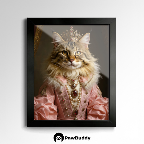 Custom Pet Poster Regal Royal Portrait in Rose-Pink Gown with Crown and Pearls – Personalized High-Resolution Matte Print for Wall Art, Home Decor, or Unique Gifts for Pet Lovers