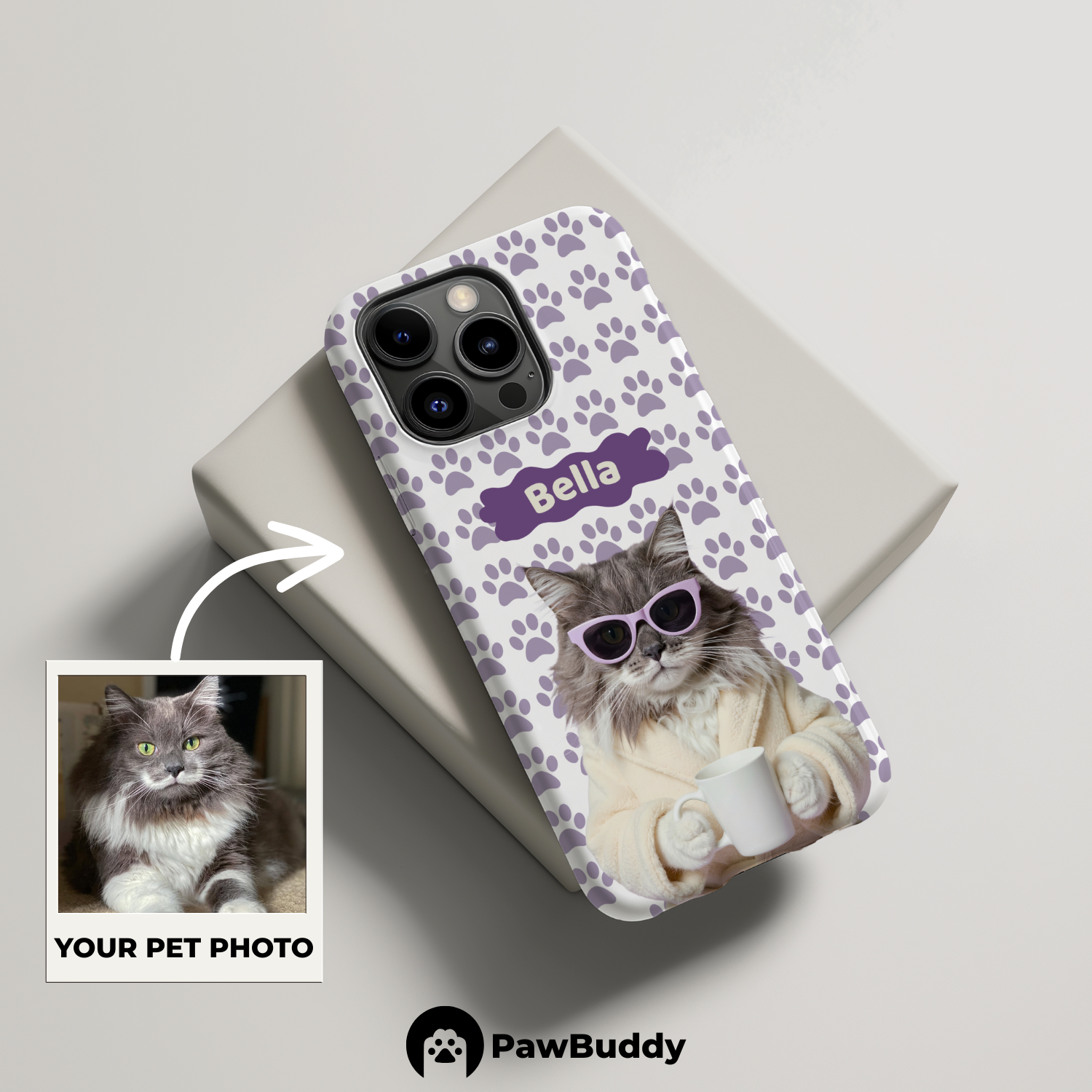 Custom Pet Phone Case for iPhone 11–17, Personalized Cozy Spa Day Purple Pattern White Robe Design, Dual-Layer Shockproof PC+TPU Protective Cover with Glossy Wraparound Printing, Unique Gift for Pet Lovers