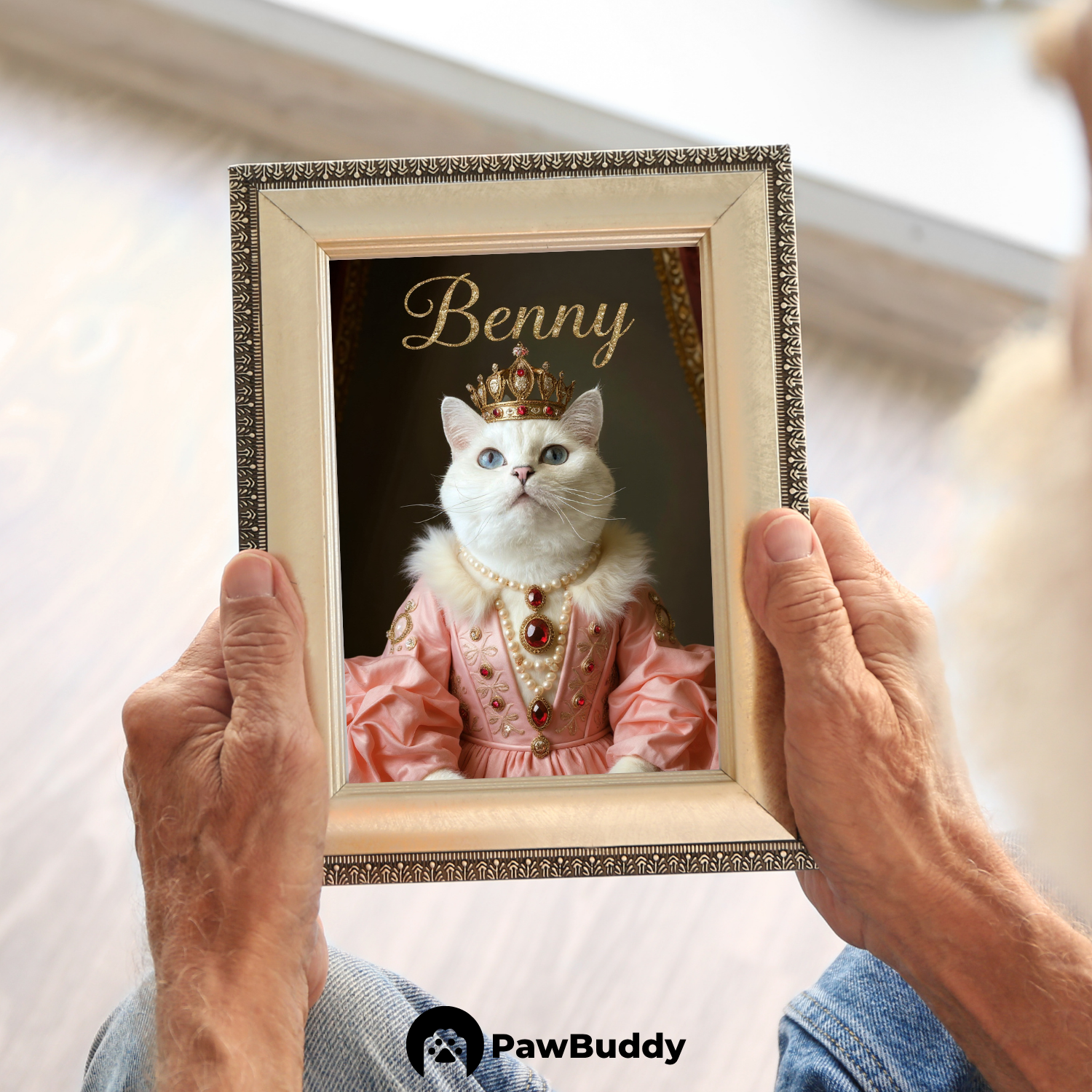 Custom Pet Poster Regal Royal Portrait in Rose-Pink Gown with Crown and Pearls – Personalized High-Resolution Matte Print for Wall Art, Home Decor, or Unique Gifts for Pet Lovers (Frame Not Included)