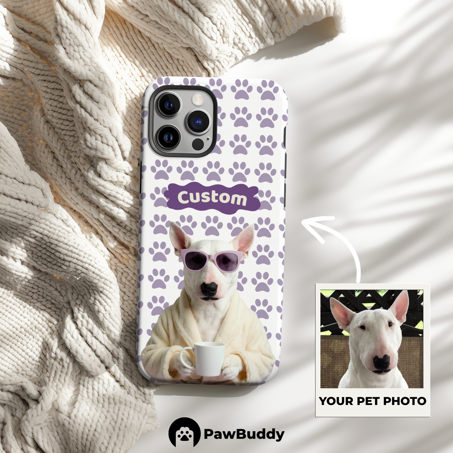 Custom Pet Phone Case for iPhone 11–17, Personalized Cozy Spa Day Purple Pattern White Robe Design, Dual-Layer Shockproof PC+TPU Protective Cover with Glossy Wraparound Printing, Unique Gift for Pet Lovers