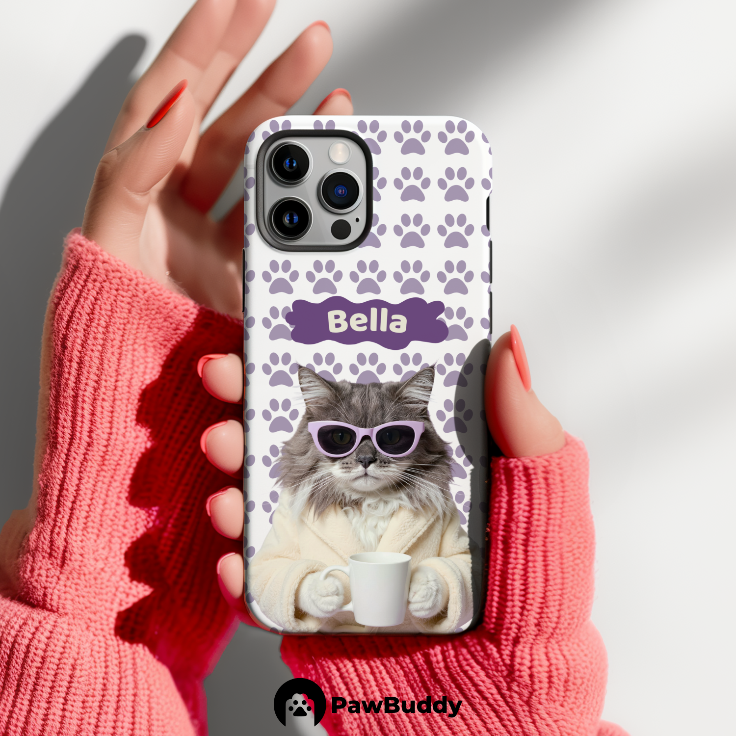 Custom Pet Phone Case for iPhone 11–17, Personalized Cozy Spa Day Purple Pattern White Robe Design, Dual-Layer Shockproof PC+TPU Protective Cover with Glossy Wraparound Printing, Unique Gift for Pet Lovers