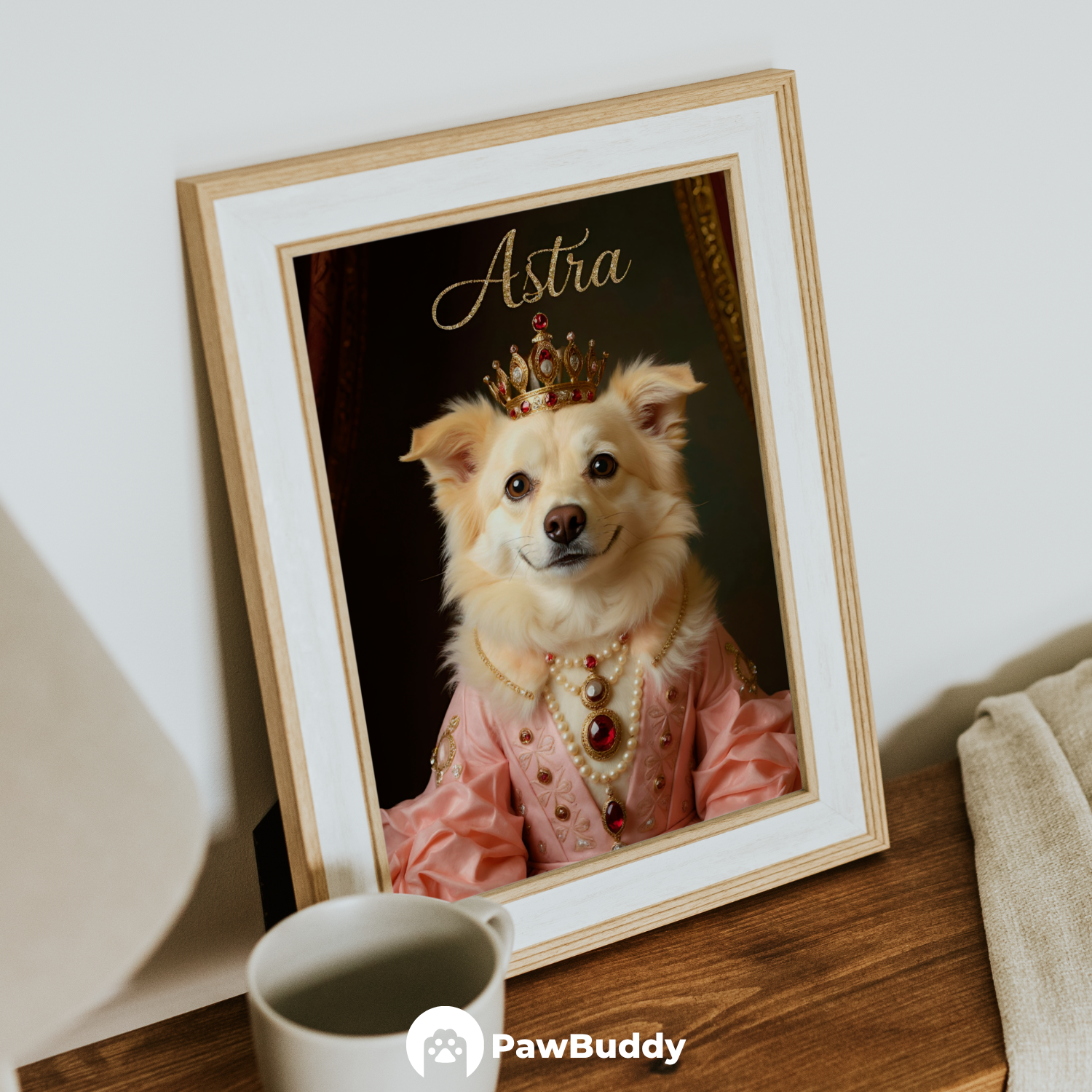 Custom Pet Poster Regal Royal Portrait in Rose-Pink Gown with Crown and Pearls – Personalized High-Resolution Matte Print for Wall Art, Home Decor, or Unique Gifts for Pet Lovers (Frame Not Included)