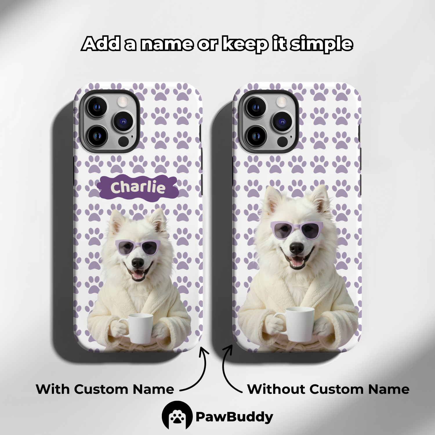 Custom Pet Phone Case for iPhone 11–17, Personalized Cozy Spa Day Purple Pattern White Robe Design, Dual-Layer Shockproof PC+TPU Protective Cover with Glossy Wraparound Printing, Unique Gift for Pet Lovers