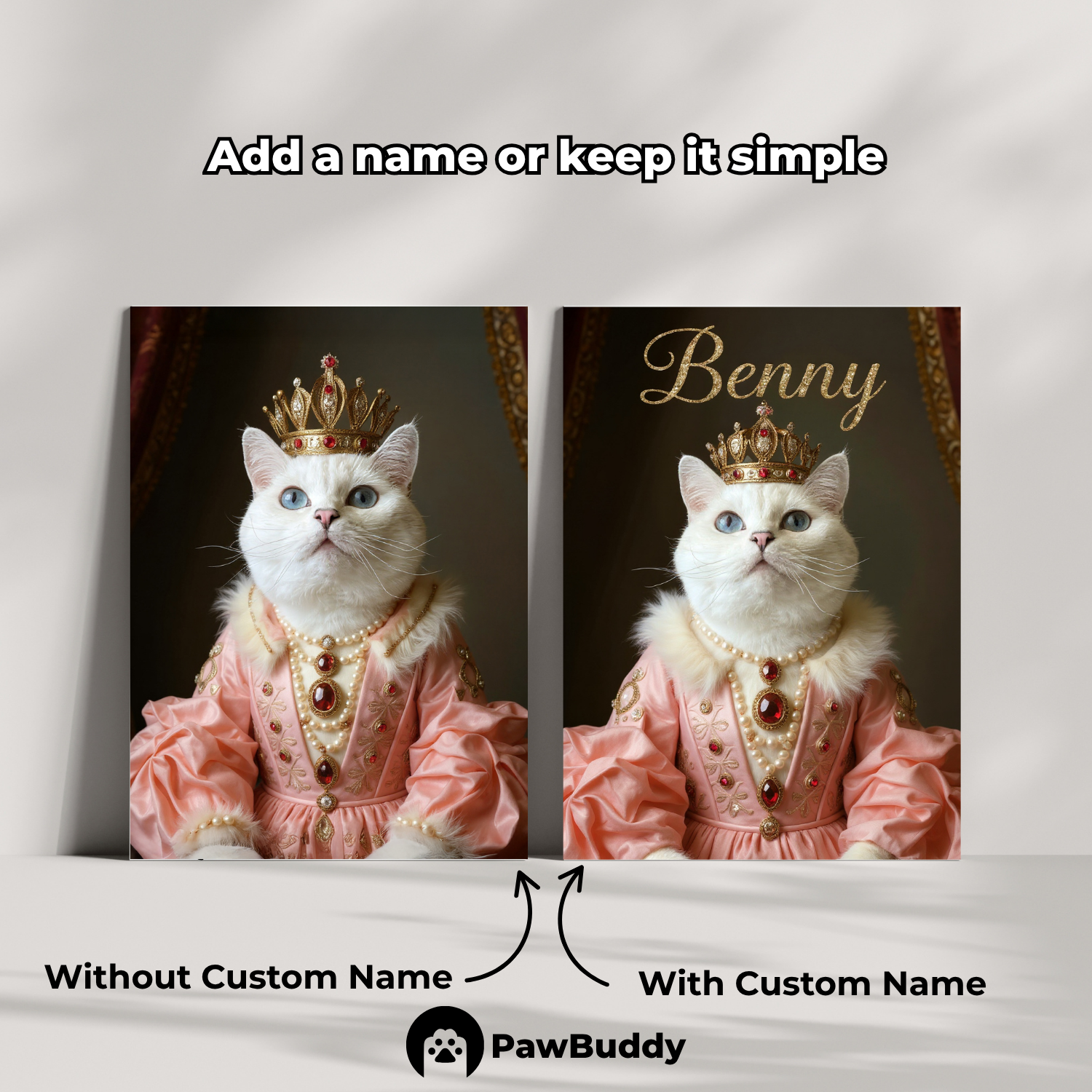 Custom Pet Poster Regal Royal Portrait in Rose-Pink Gown with Crown and Pearls – Personalized High-Resolution Matte Print for Wall Art, Home Decor, or Unique Gifts for Pet Lovers (Frame Not Included)