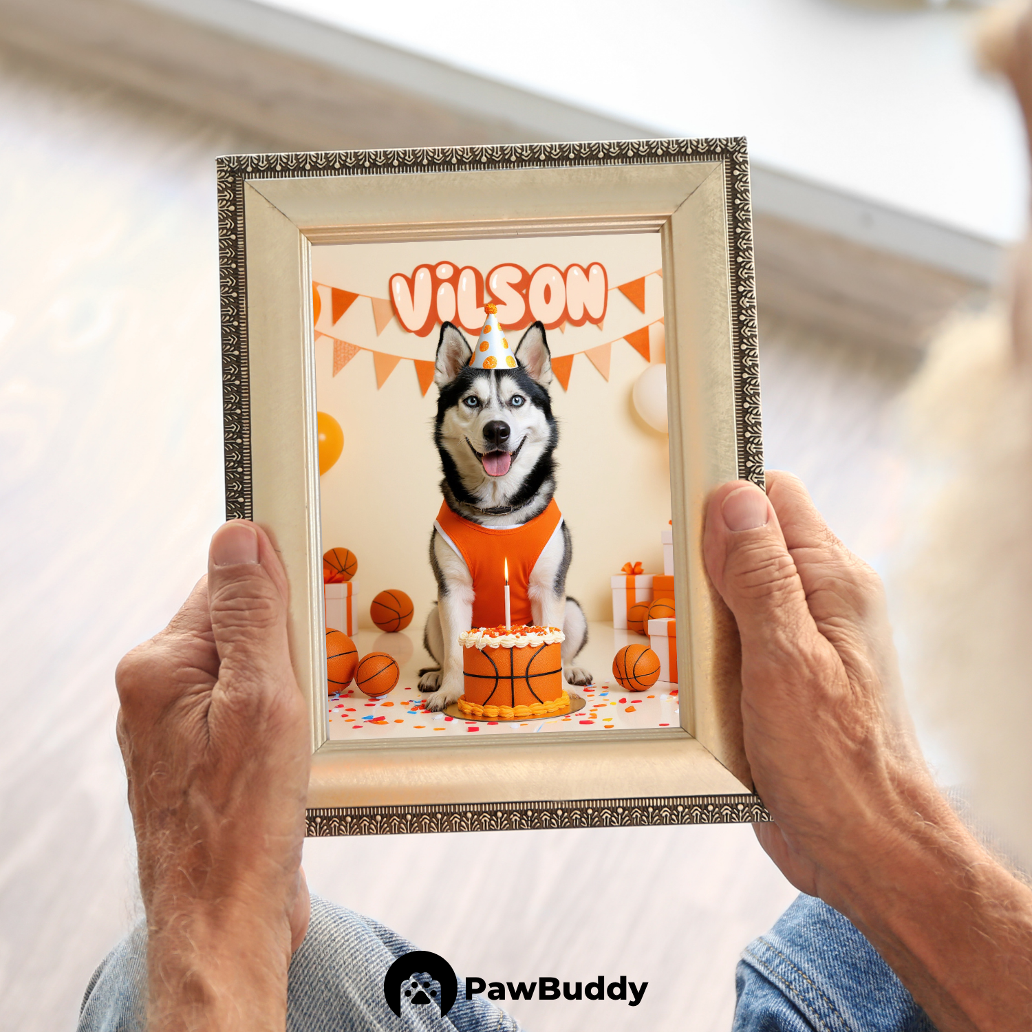Custom Pet Poster Birthday Basketball Celebration Portrait – Personalized High-Resolution Matte Print for Wall Art, Home Decor, or Unique Gifts for Pet Lovers (Frame Not Included)