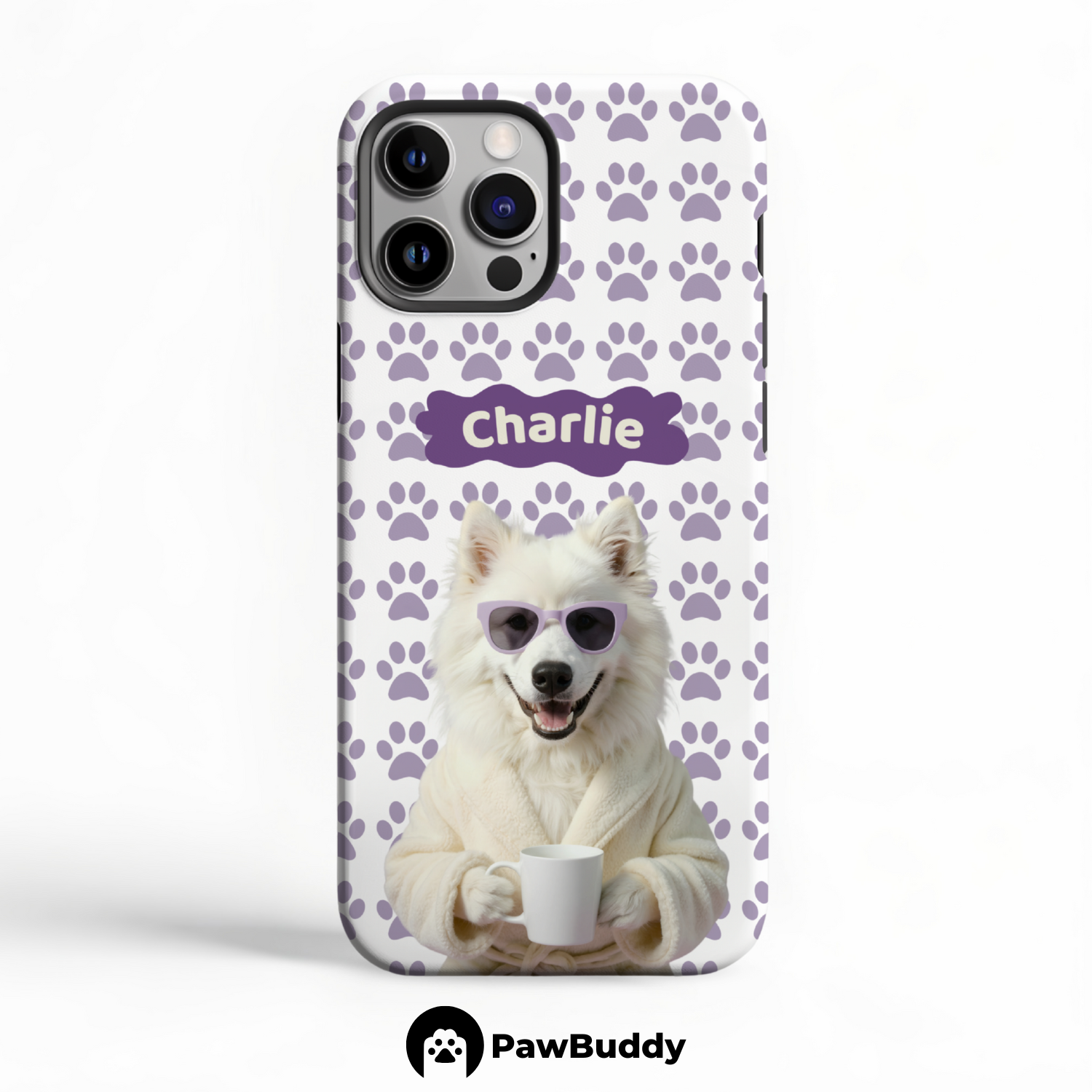 Custom Pet Phone Case for iPhone 11–17, Personalized Cozy Spa Day Purple Pattern White Robe Design, Dual-Layer Shockproof PC+TPU Protective Cover with Glossy Wraparound Printing, Unique Gift for Pet Lovers