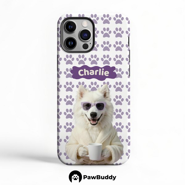 Custom Pet Phone Case for iPhone 11–17, Personalized Cozy Spa Day Purple Pattern White Robe Design, Dual-Layer Shockproof PC+TPU Protective Cover with Glossy Wraparound Printing, Unique Gift for Pet Lovers