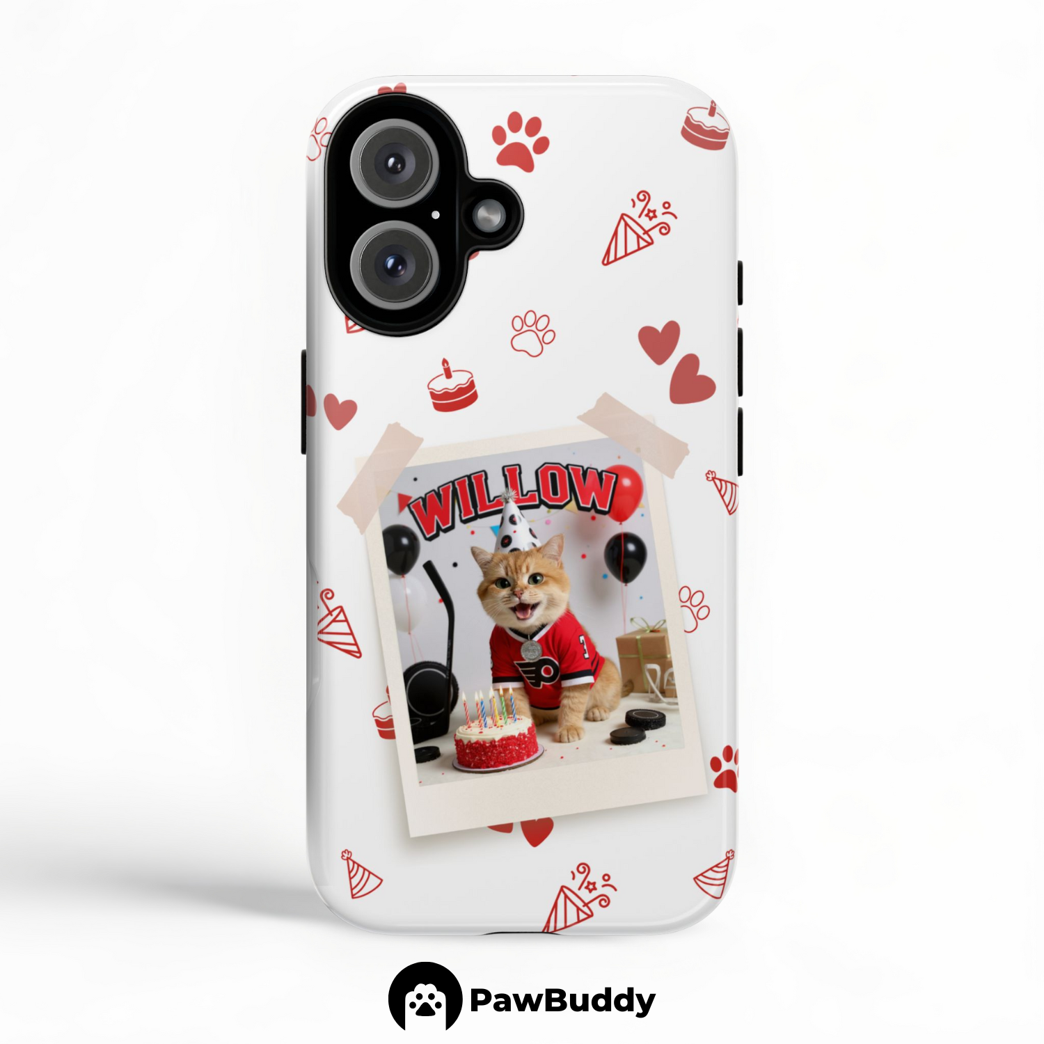 Custom Pet Phone Case for iPhone 11–17, Personalized Birthday Celebration Hockey Red Pattern Polaroid Frame Design, Dual-Layer Shockproof PC+TPU Protective Cover with Glossy Wraparound Printing, Unique Gift for Pet Lovers