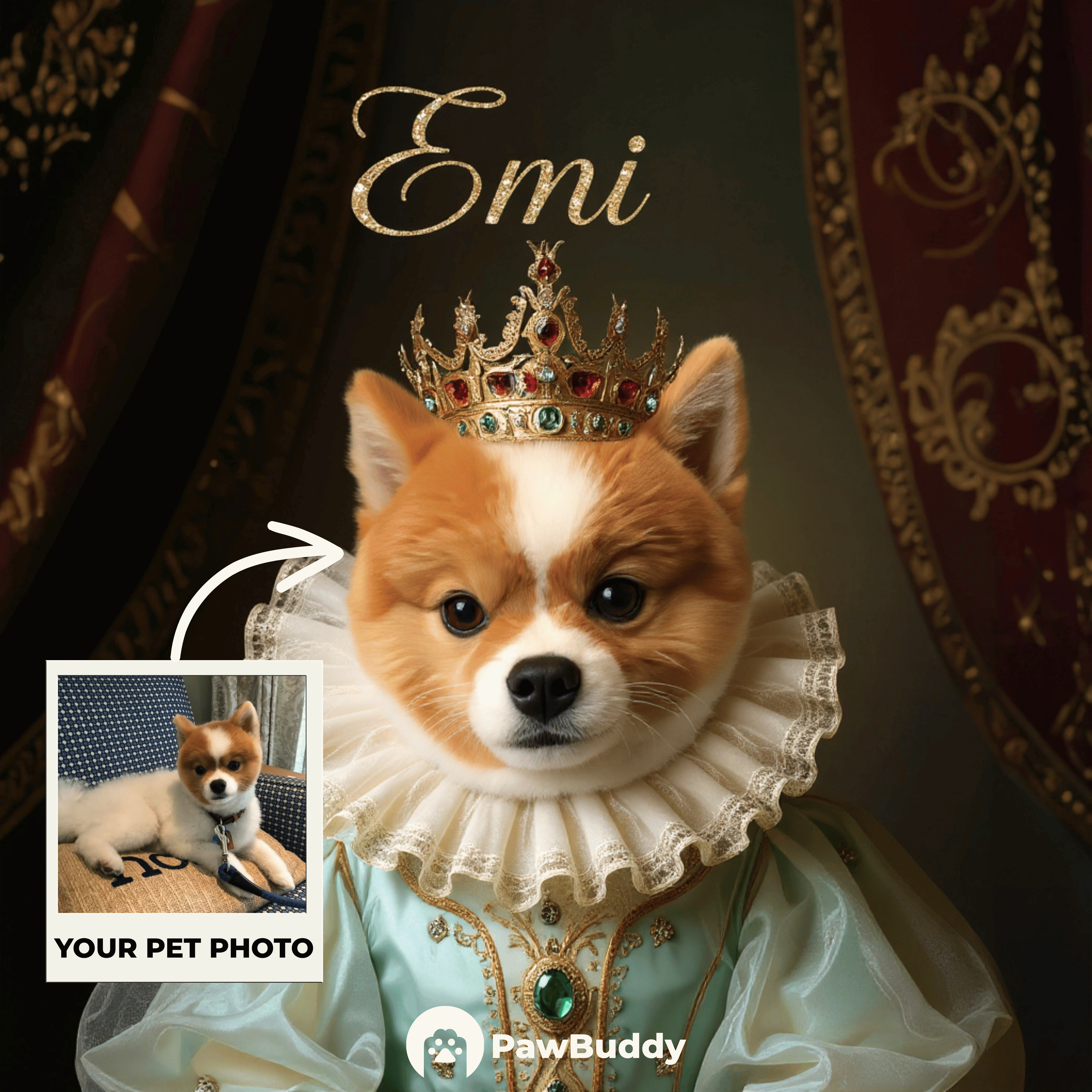 Custom Pet Portrait Emerald Queen Digital Artwork - Personalized High-Resolution Artwork for Pet Lovers, Perfect for Online Sharing or as a Unique Royal-Themed Keepsake