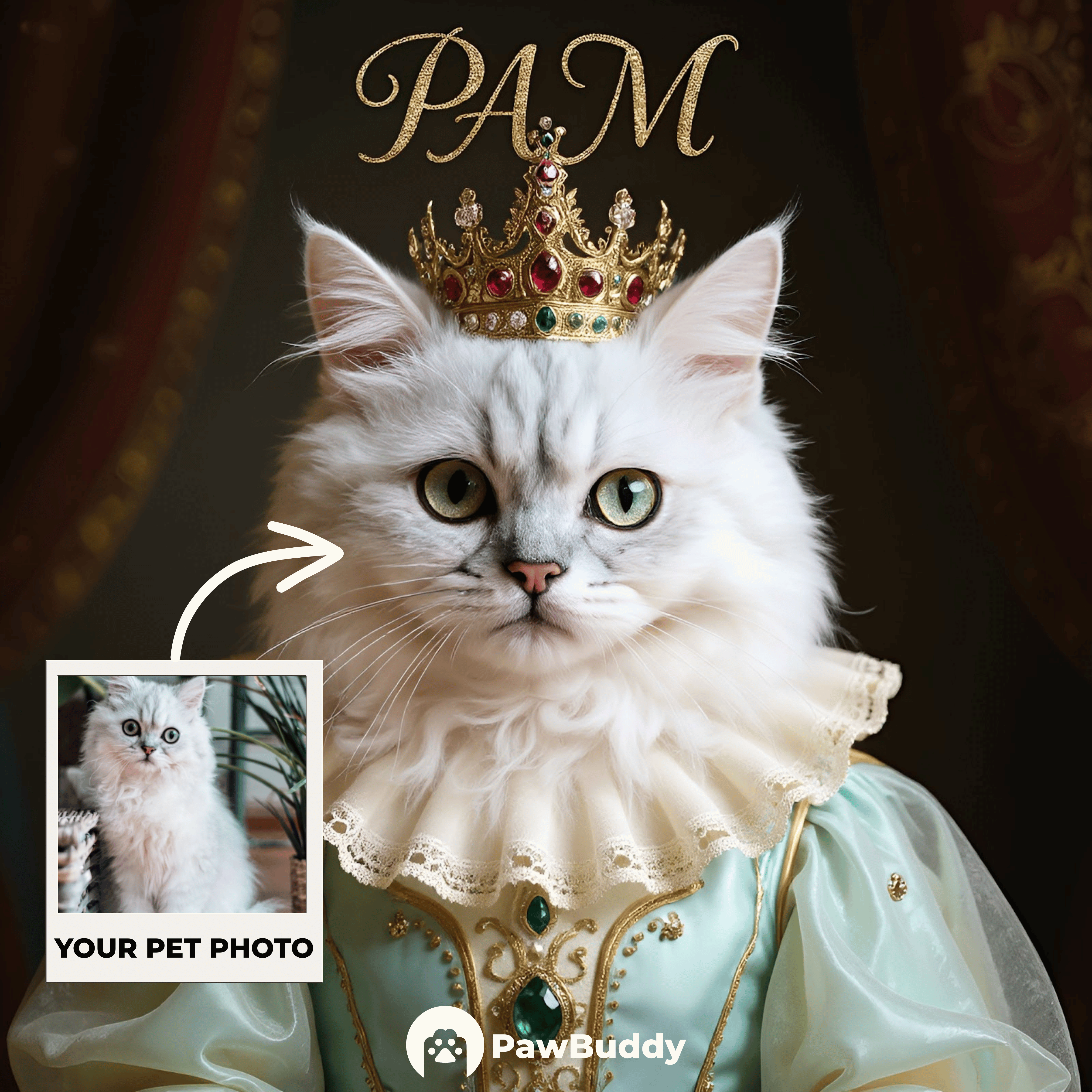 Custom Pet Portrait Emerald Queen Digital Artwork - Personalized High-Resolution Artwork for Pet Lovers, Perfect for Online Sharing or as a Unique Royal-Themed Keepsake