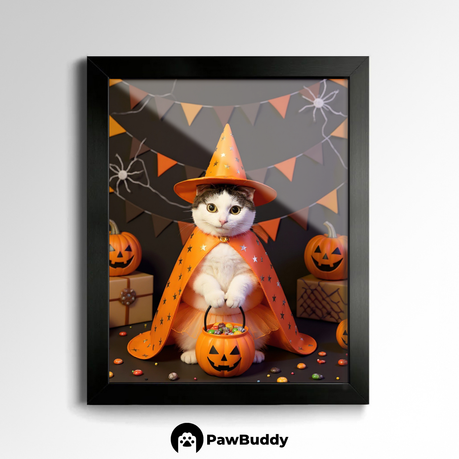 Custom Pet Poster Pumpkin Witch Halloween Portrait – Personalized High-Resolution Matte Print for Wall Art, Home Decor, or Unique Gifts for Pet Lovers (Frame Not Included)
