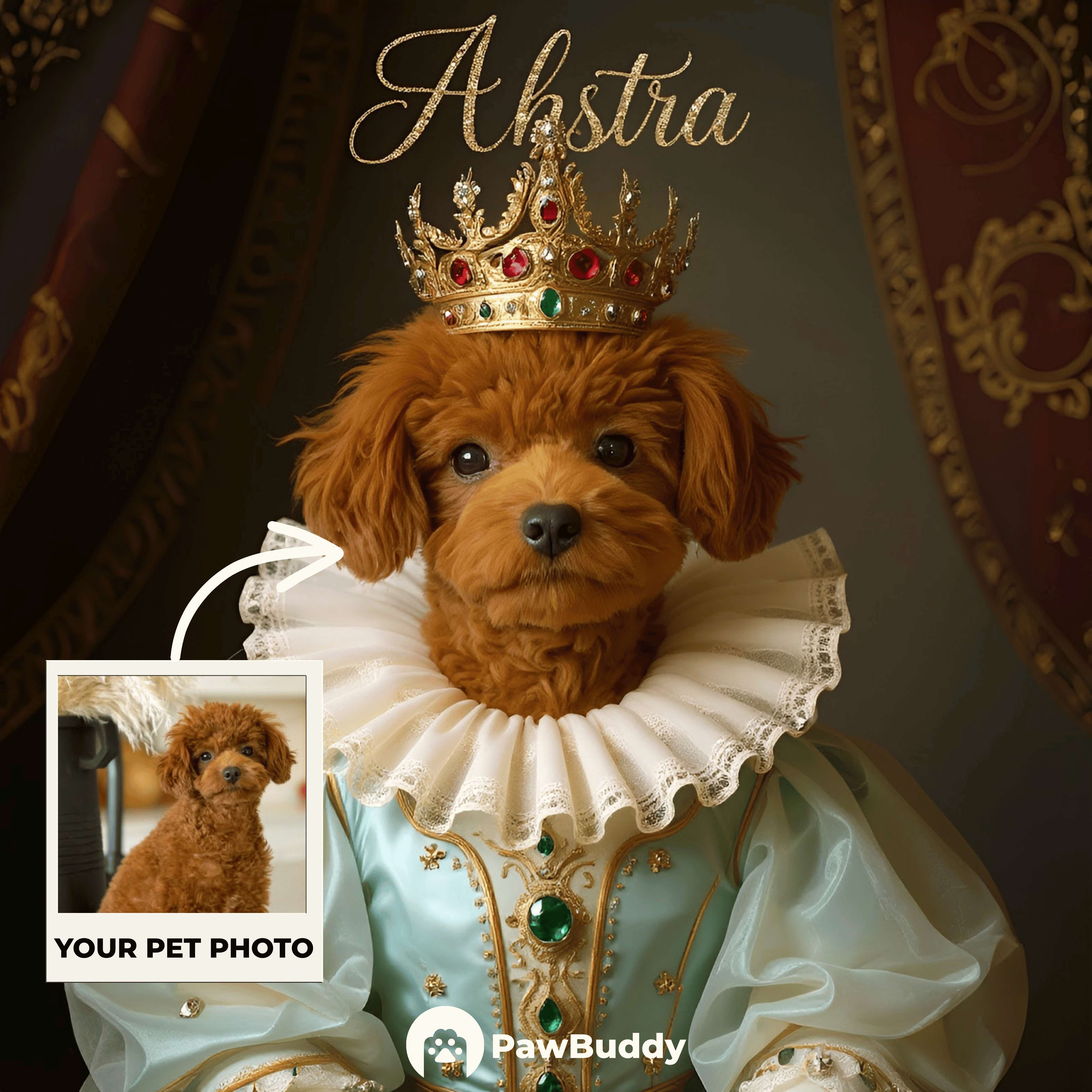 Custom Pet Portrait Emerald Queen Digital Artwork - Personalized High-Resolution Artwork for Pet Lovers, Perfect for Online Sharing or as a Unique Royal-Themed Keepsake