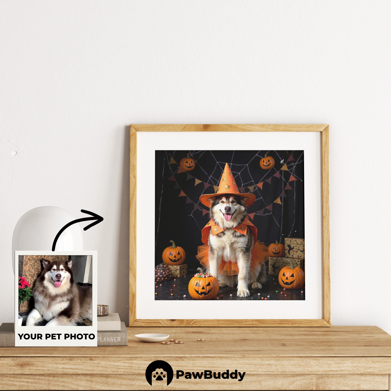 Custom Pet Poster Pumpkin Witch Halloween Portrait – Personalized High-Resolution Matte Print for Wall Art, Home Decor, or Unique Gifts for Pet Lovers (Frame Not Included)