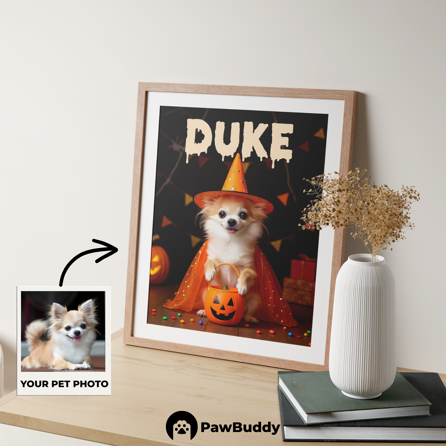Custom Pet Poster Pumpkin Witch Halloween Portrait – Personalized High-Resolution Matte Print for Wall Art, Home Decor, or Unique Gifts for Pet Lovers (Frame Not Included)