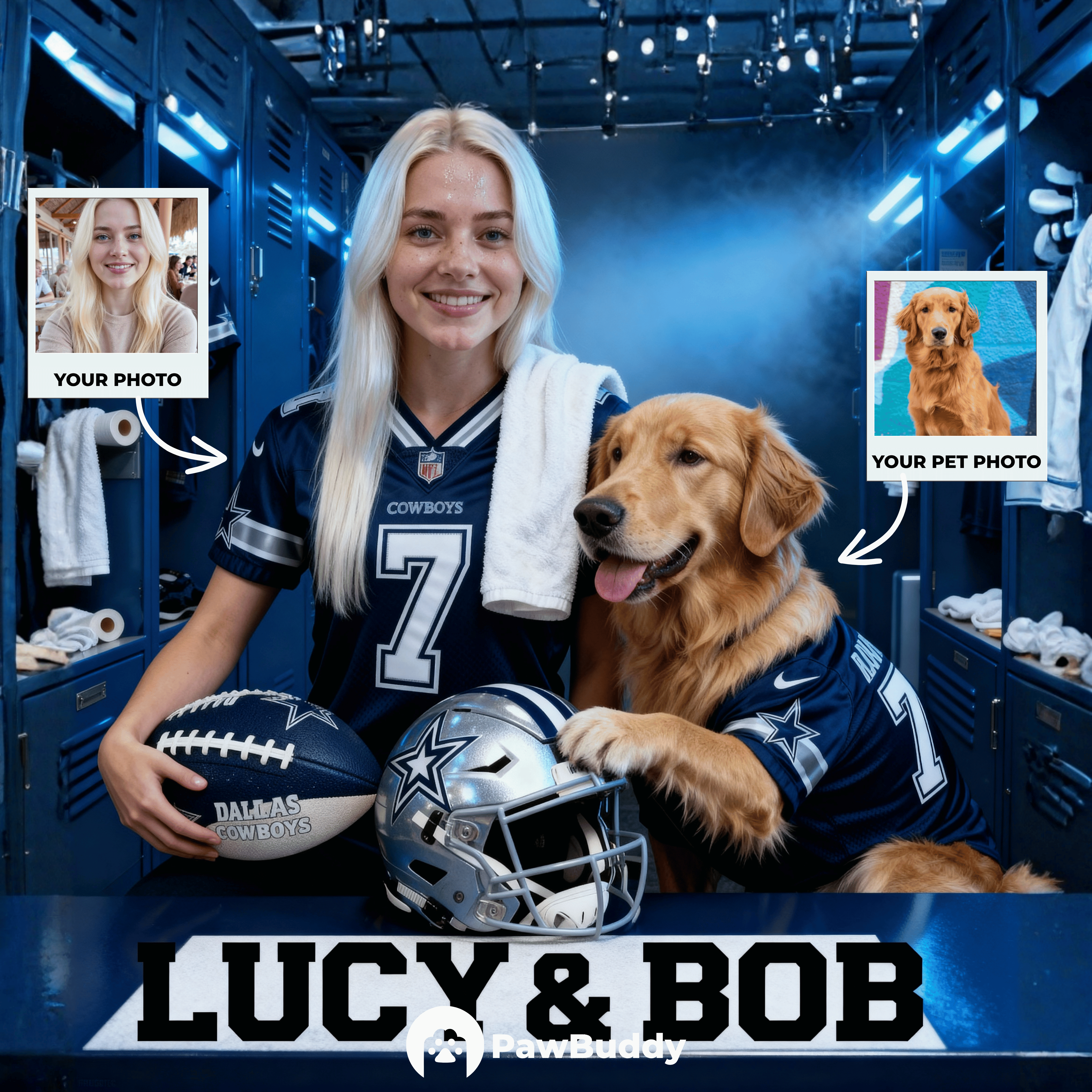 Custom Human & Pet Portrait Silver Star Football Digital Artwork - Personalized High-Resolution Artwork for Pet Lovers, Perfect for Online Sharing or as a Unique Sports Keepsake