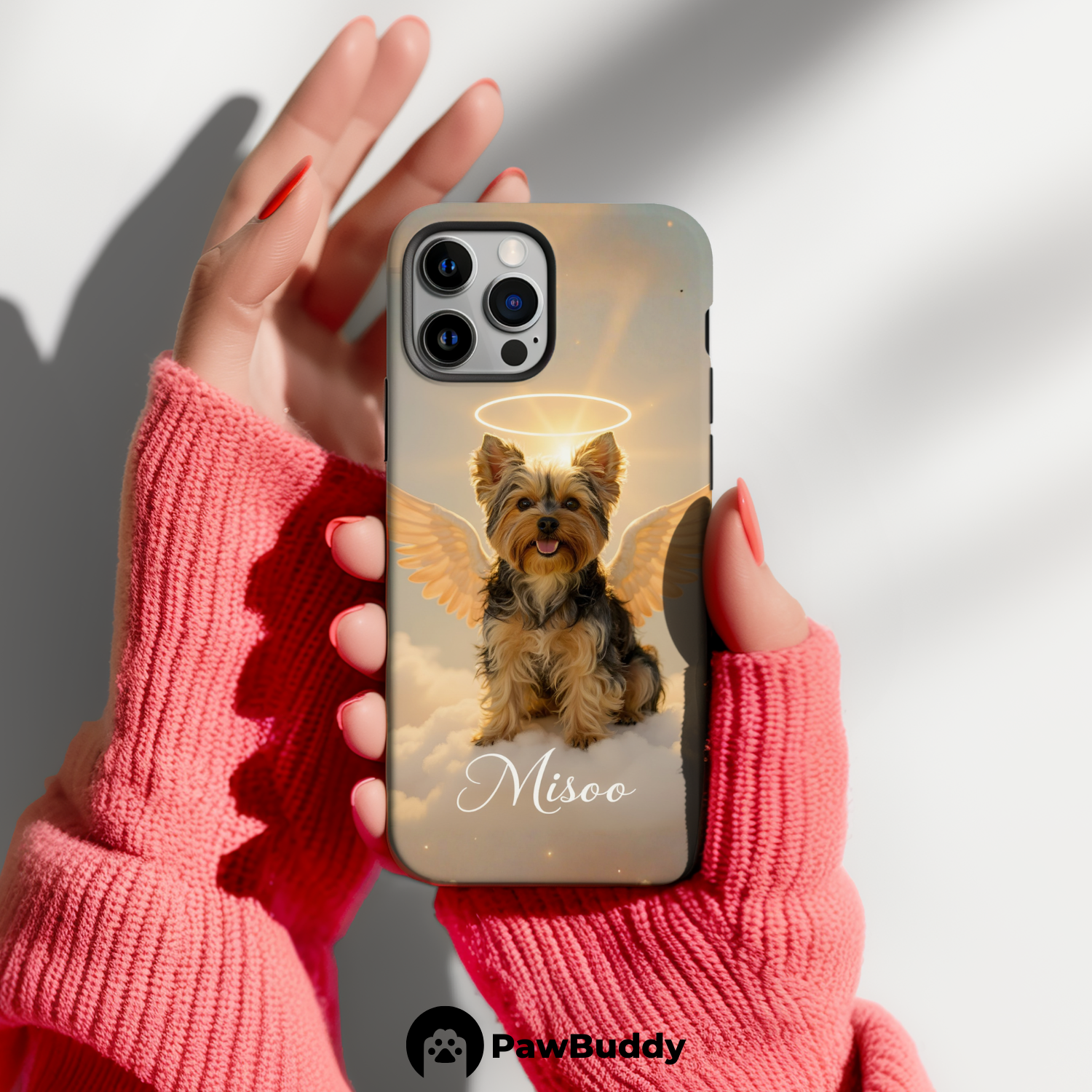 Custom Pet Phone Case for iPhone 11–17, Personalized Angelic Sitting Pose Heaven Pet Portrait Design, Dual-Layer Shockproof PC+TPU Protective Cover with Glossy Wraparound Printing, Unique Gift for Pet Lovers