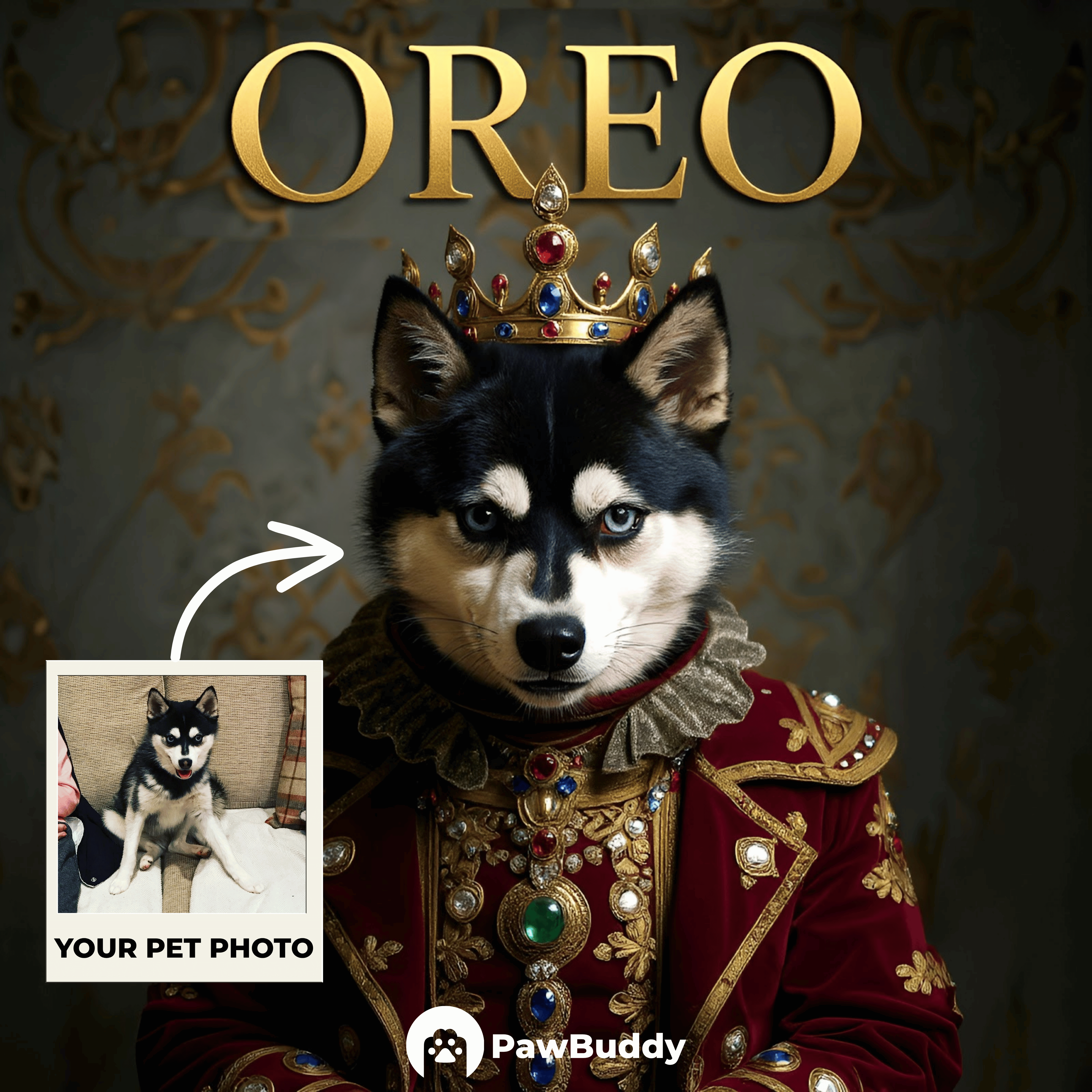 Custom Pet Portrait Crimson King Digital Artwork - Personalized High-Resolution Artwork for Pet Lovers, Perfect for Online Sharing or as a Unique Royal-Themed Keepsake
