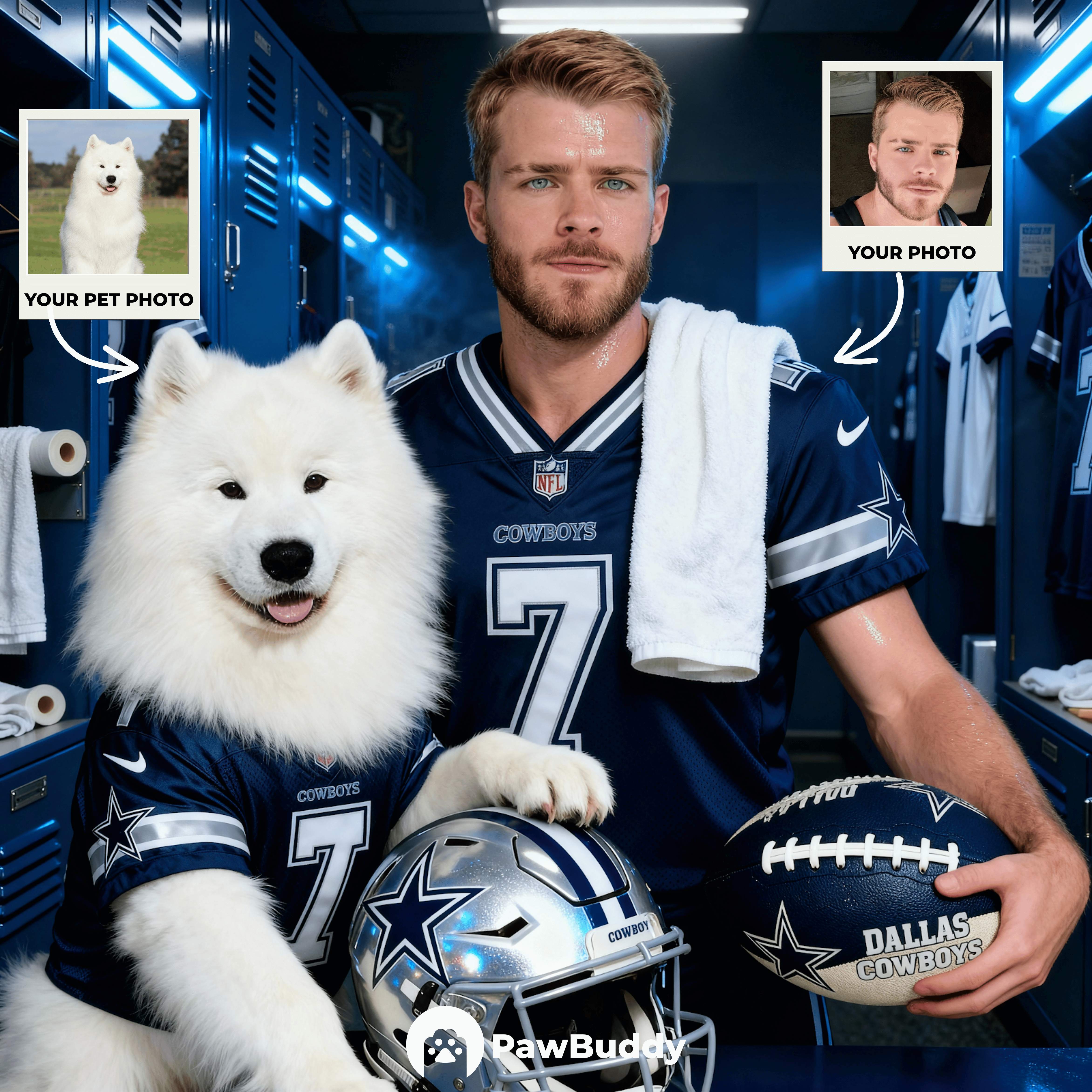 Custom Human & Pet Portrait Silver Star Football Digital Artwork - Personalized High-Resolution Artwork for Pet Lovers, Perfect for Online Sharing or as a Unique Sports Keepsake