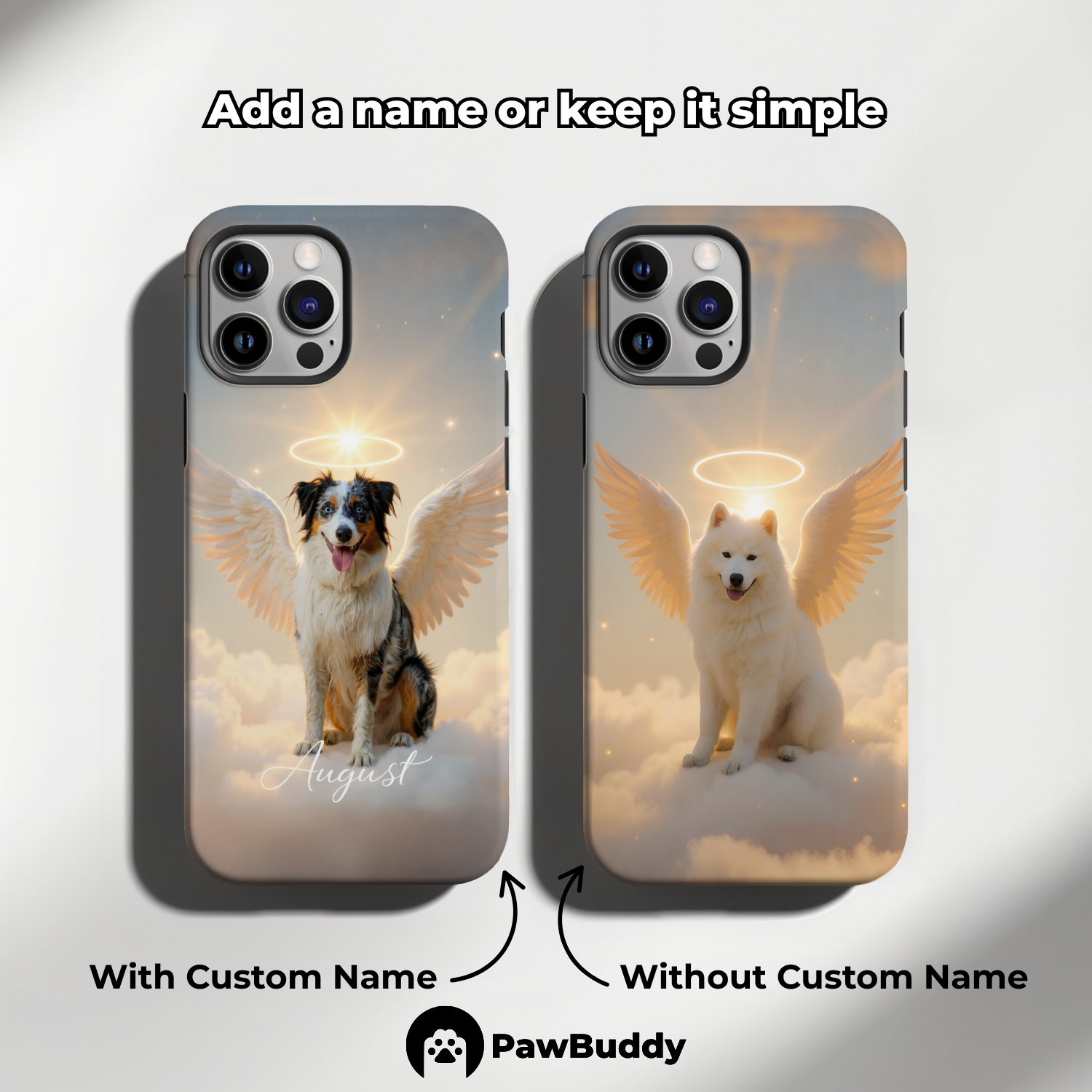 Custom Pet Phone Case for iPhone 11–17, Personalized Angelic Sitting Pose Heaven Pet Portrait Design, Dual-Layer Shockproof PC+TPU Protective Cover with Glossy Wraparound Printing, Unique Gift for Pet Lovers