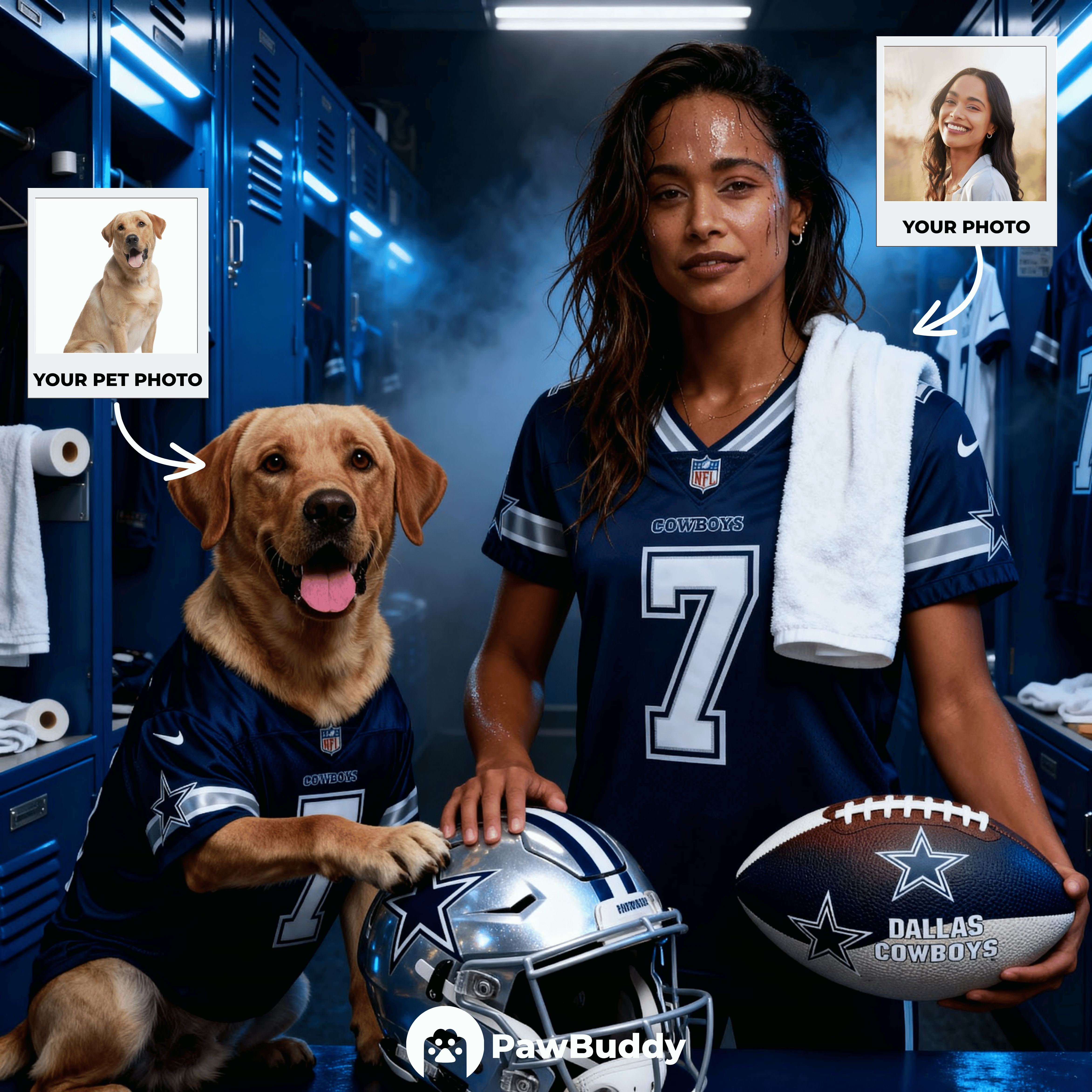 Custom Human & Pet Portrait Silver Star Football Digital Artwork - Personalized High-Resolution Artwork for Pet Lovers, Perfect for Online Sharing or as a Unique Sports Keepsake