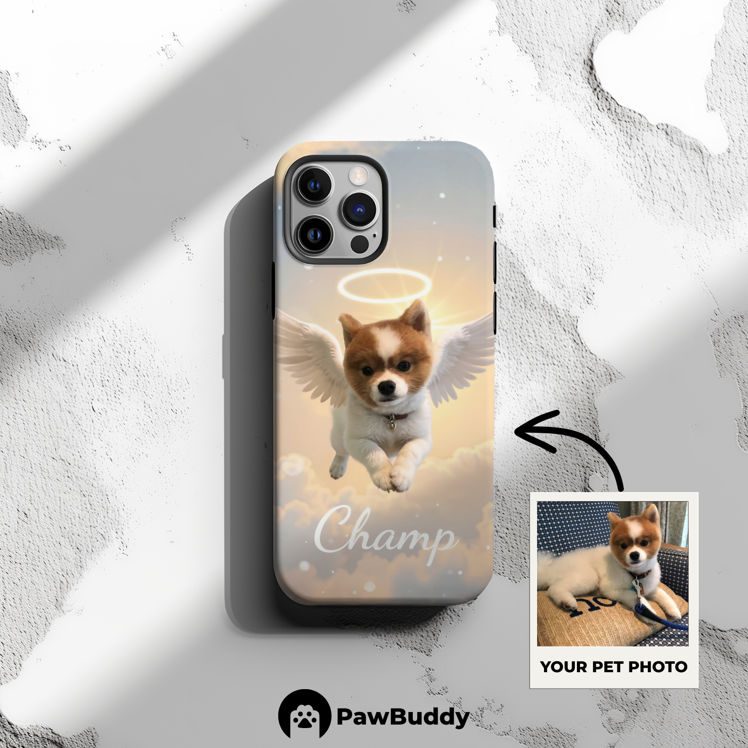 Custom Pet Phone Case for iPhone 11–17, Personalized Angelic Flying Pose Heaven Pet Portrait Design, Dual-Layer Shockproof PC+TPU Protective Cover with Glossy Wraparound Printing, Unique Gift for Pet Lovers
