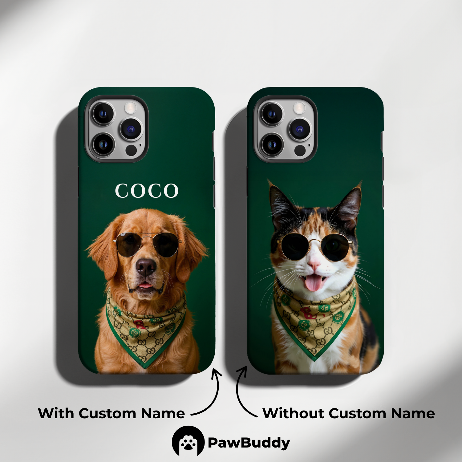 Custom Pet Phone Case for iPhone 11–17, Personalized Classic Green Bandana Studio Portrait Design, Dual-Layer Shockproof PC+TPU Protective Cover with Glossy Wraparound Printing, Unique Gift for Pet Lovers