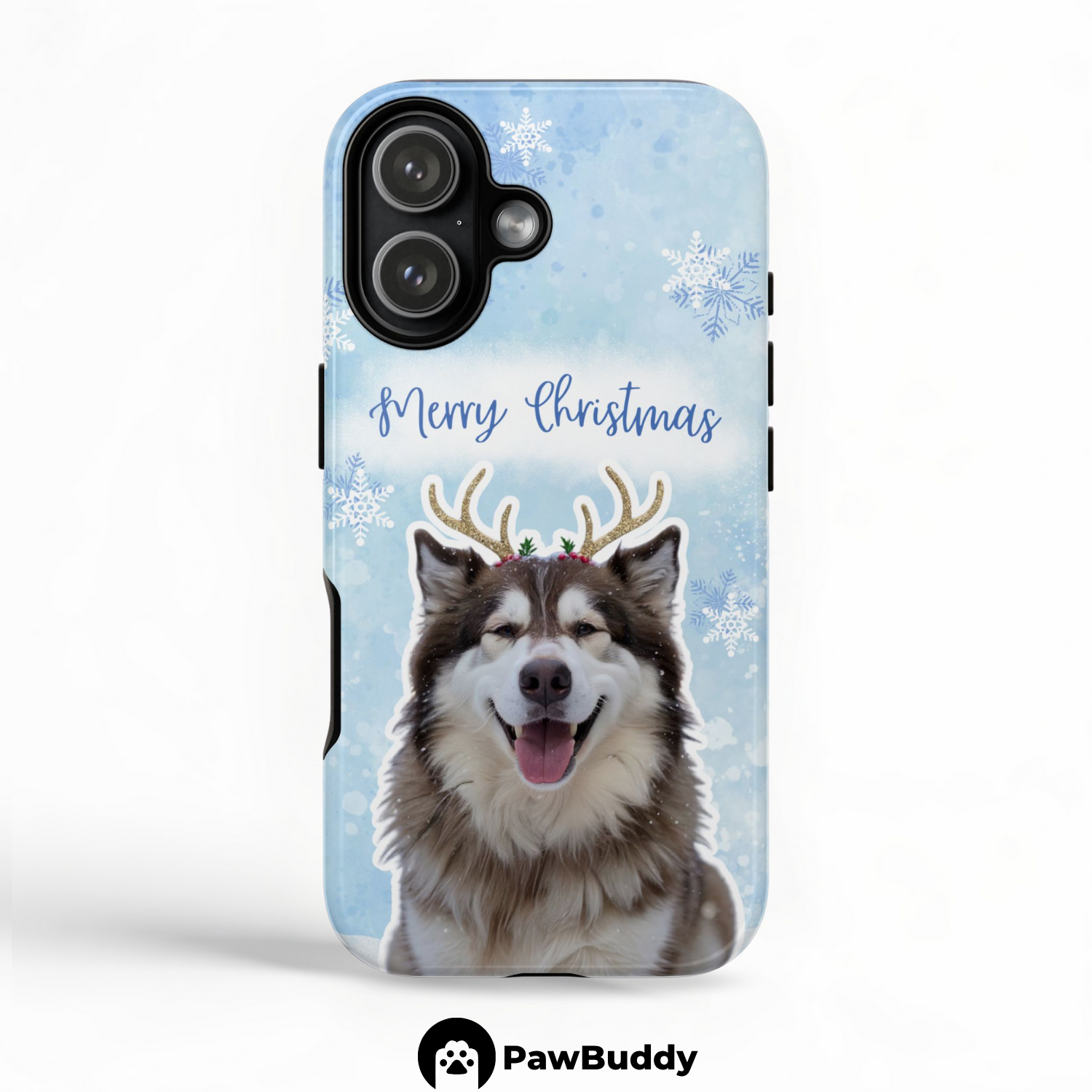 Custom Pet Phone Case for iPhone 11–17, Personalized Snowy Reindeer Christmas Style Design with Antlers and Blue Snowflake Background, Dual-Layer Shockproof PC+TPU Protective Cover with Glossy Wraparound Printing, Unique Gift for Pet Lovers