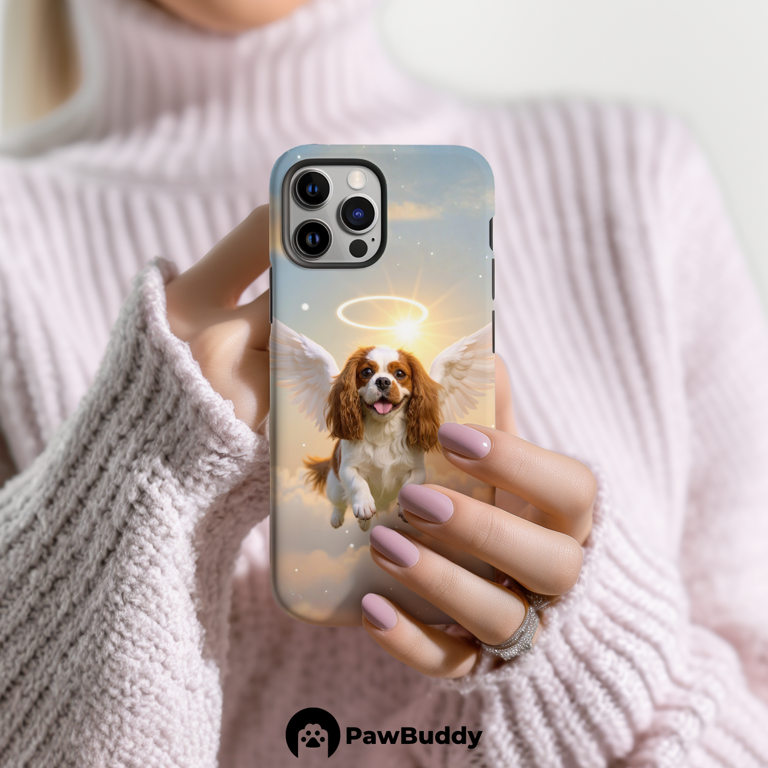 Custom Pet Phone Case for iPhone 11–17, Personalized Angelic Flying Pose Heaven Pet Portrait Design, Dual-Layer Shockproof PC+TPU Protective Cover with Glossy Wraparound Printing, Unique Gift for Pet Lovers