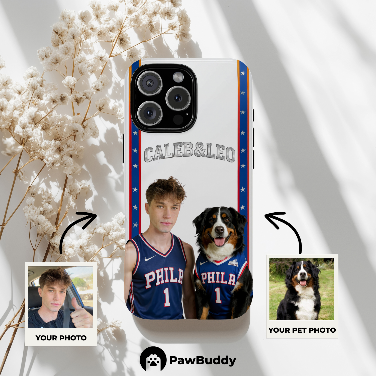 Custom Human & Pet Phone Case for iPhone 11–17, Personalized Philadelphia Star Basketball White Border Design, Dual-Layer Shockproof PC+TPU Protective Cover with Glossy Wraparound Printing, Unique Gift for Pet Lovers