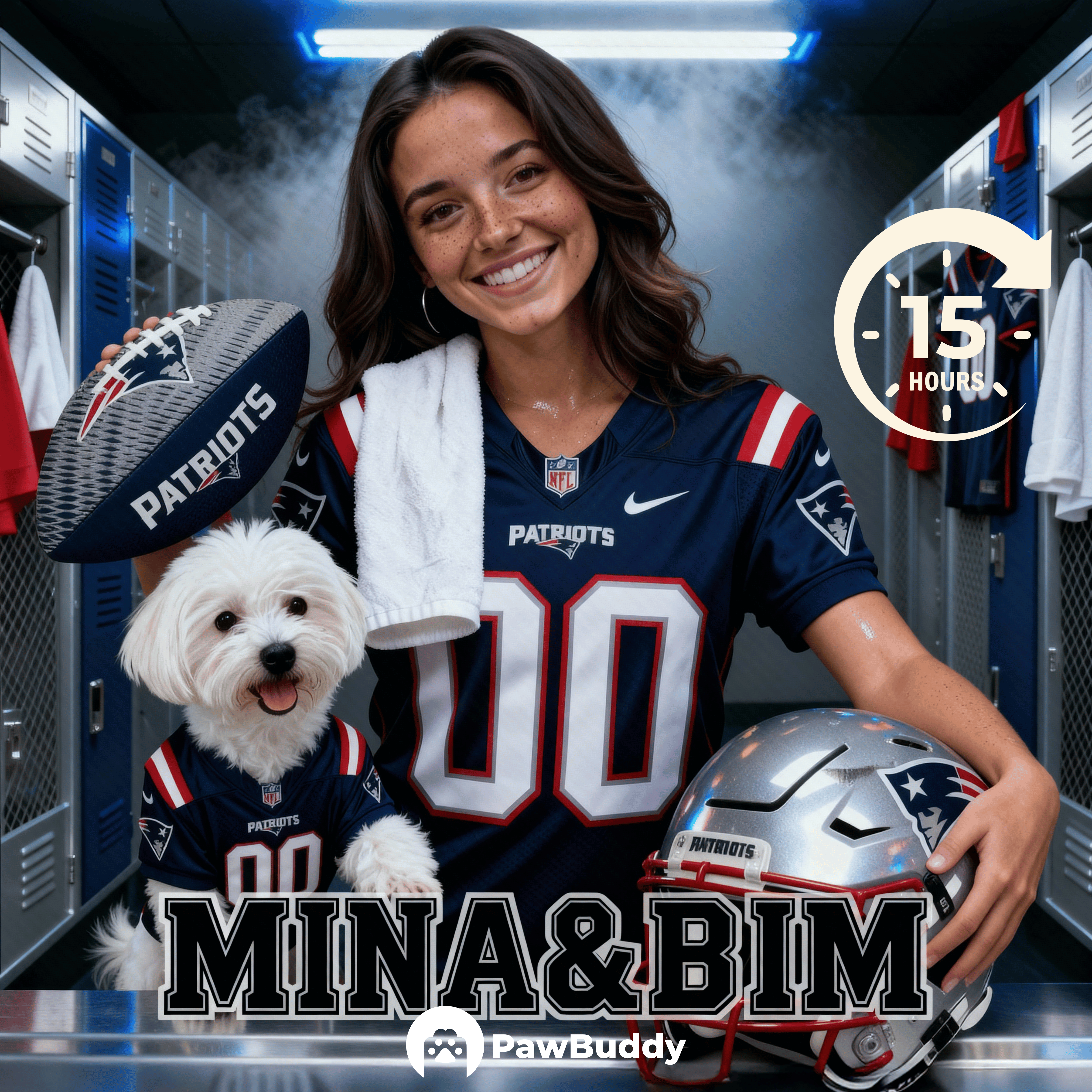 Custom Human & Pet Portrait Patriot Pride Football Digital Artwork -  Personalized High Resolution Artwork for Pet Lovers, Perfect for Online Sharing or as a Unique Sports Keepsake