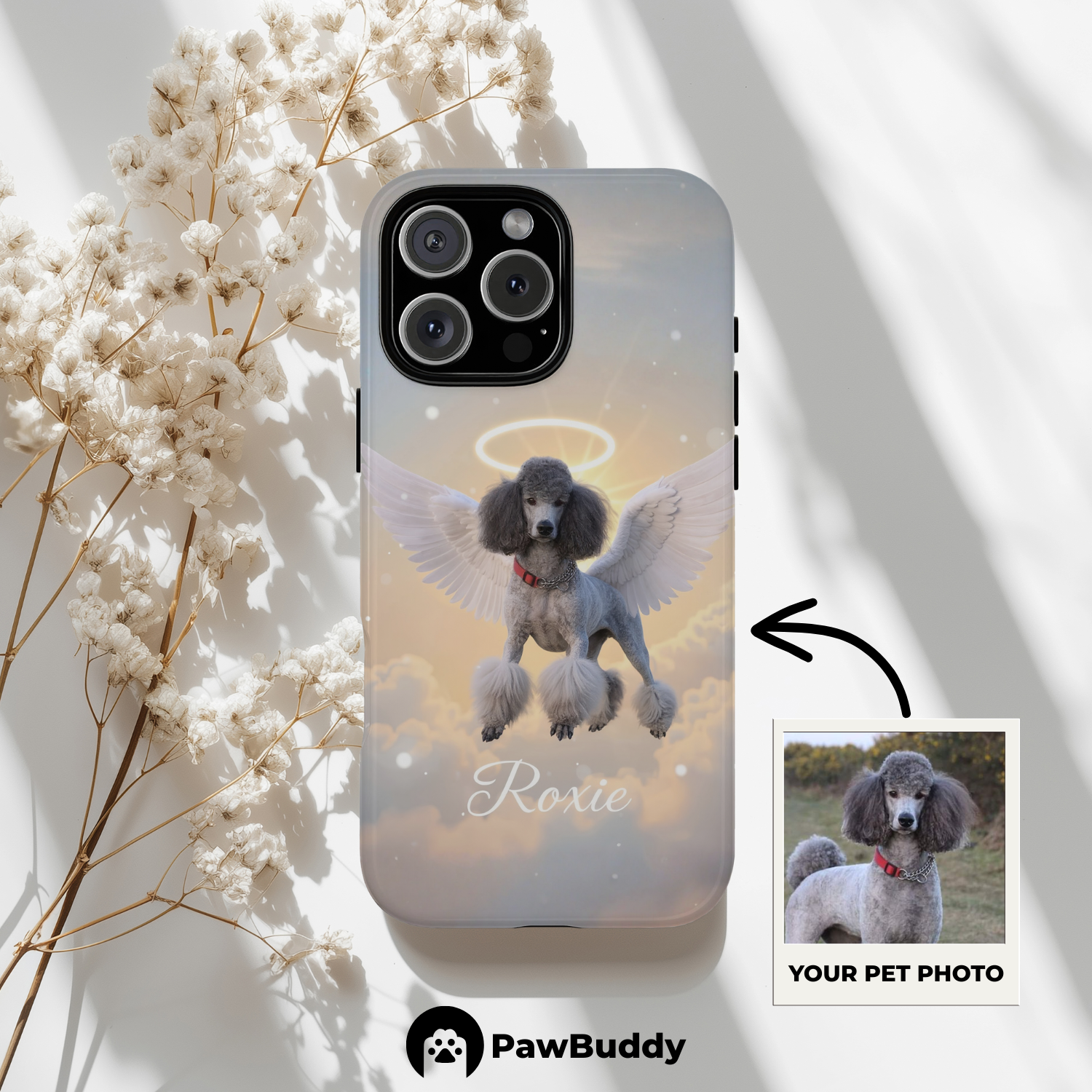 Custom Pet Phone Case for iPhone 11–17, Personalized Angelic Flying Pose Heaven Pet Portrait Design, Dual-Layer Shockproof PC+TPU Protective Cover with Glossy Wraparound Printing, Unique Gift for Pet Lovers