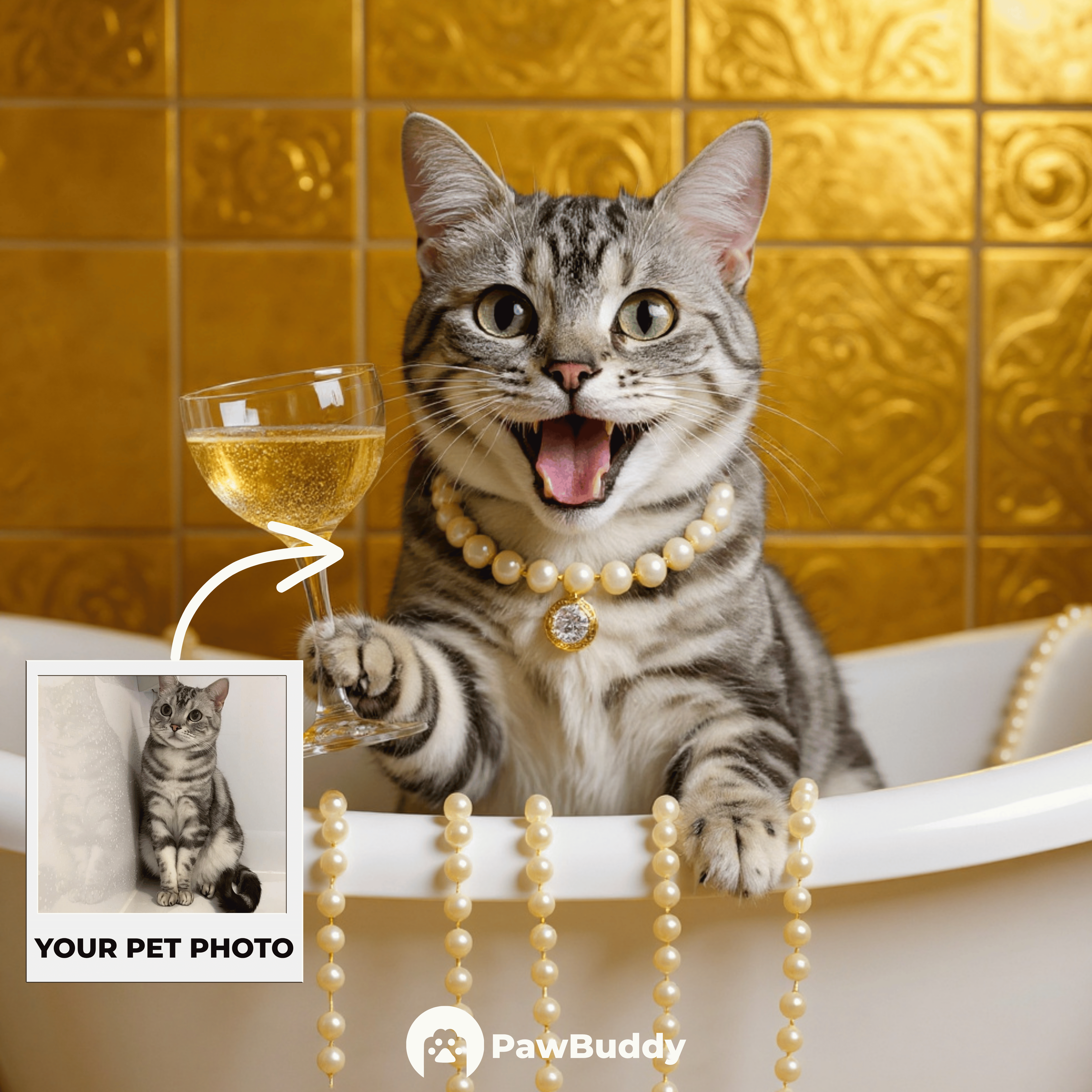 Custom Pet Portrait Golden Glamour Bathtub Digital Artwork - Personalized High-Resolution Artwork for Pet Lovers, Perfect for Online Sharing or as a Unique Luxury-Themed Keepsake