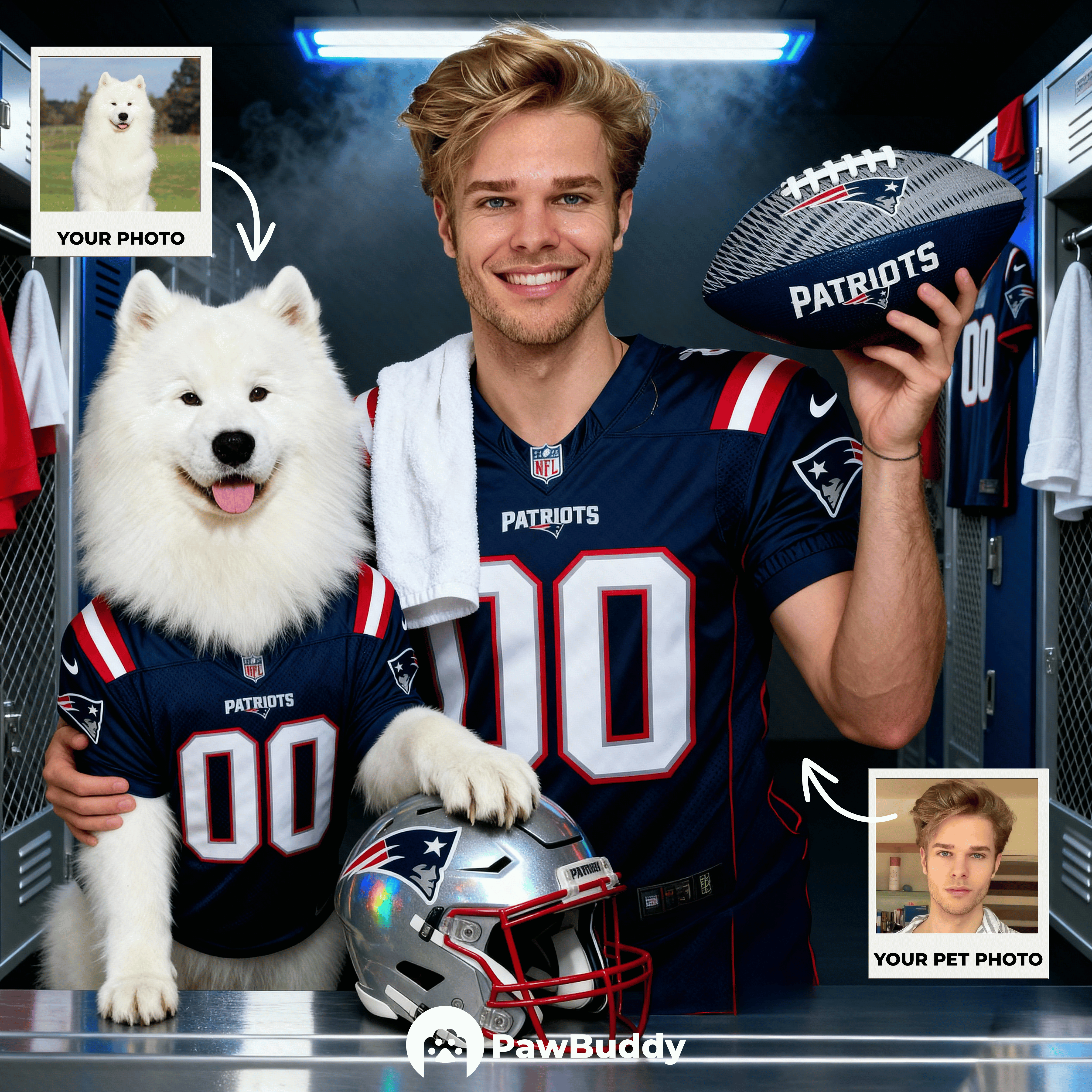 Custom Human & Pet Portrait Patriot Pride Football Digital Artwork -  Personalized High Resolution Artwork for Pet Lovers, Perfect for Online Sharing or as a Unique Sports Keepsake