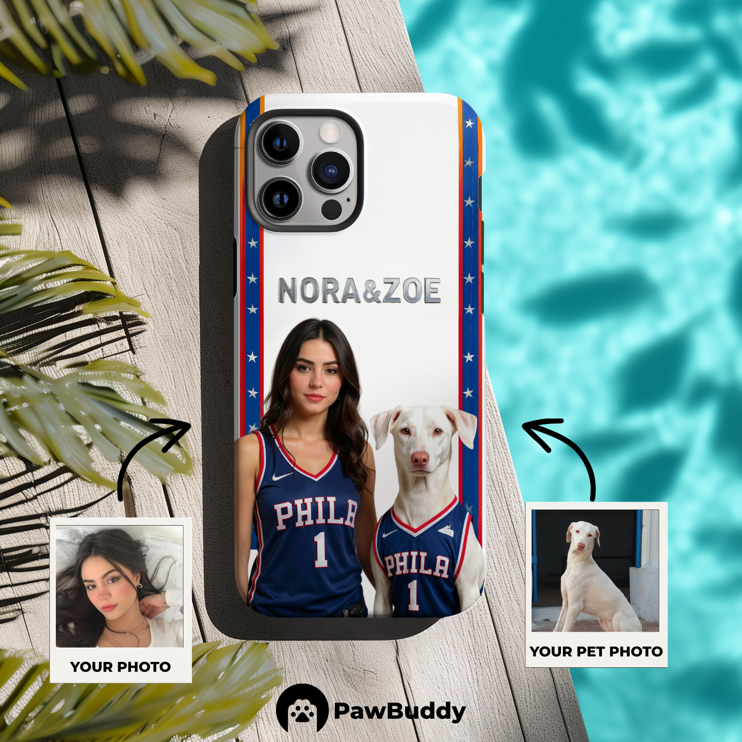 Custom Human & Pet Phone Case for iPhone 11–17, Personalized Philadelphia Star Basketball White Border Design, Dual-Layer Shockproof PC+TPU Protective Cover with Glossy Wraparound Printing, Unique Gift for Pet Lovers