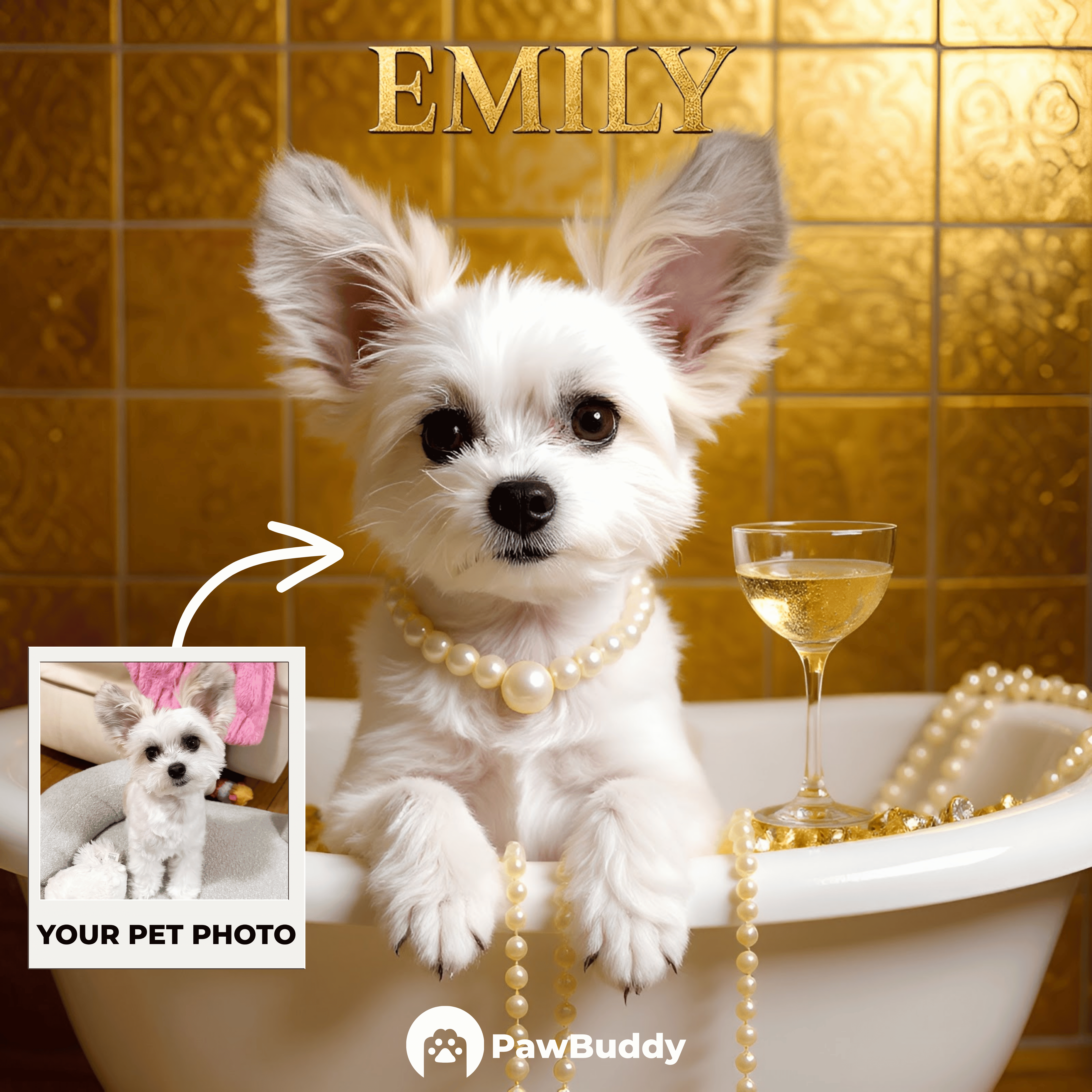 Custom Pet Portrait Golden Glamour Bathtub Digital Artwork - Personalized High-Resolution Artwork for Pet Lovers, Perfect for Online Sharing or as a Unique Luxury-Themed Keepsake