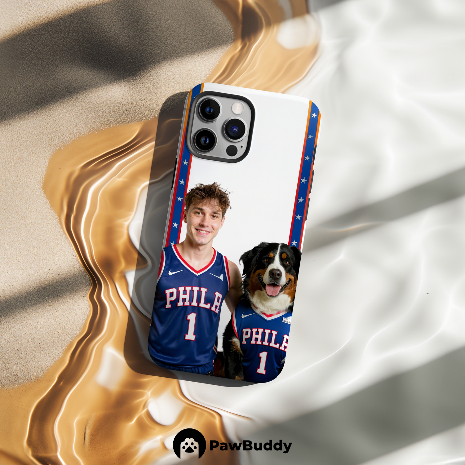 Custom Human & Pet Phone Case for iPhone 11–17, Personalized Philadelphia Star Basketball White Border Design, Dual-Layer Shockproof PC+TPU Protective Cover with Glossy Wraparound Printing, Unique Gift for Pet Lovers