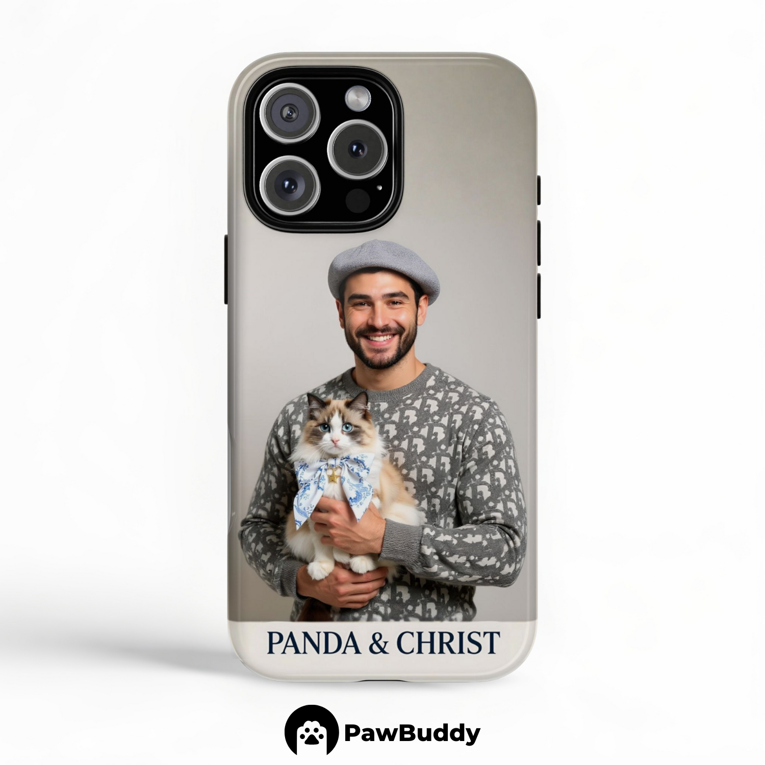 Custom Human & Pet Phone Case for iPhone 11–17, Personalized Elegant French Beret Studio Portrait Design, Dual-Layer Shockproof PC+TPU Protective Cover with Glossy Wraparound Printing, Unique Gift for Pet Lovers