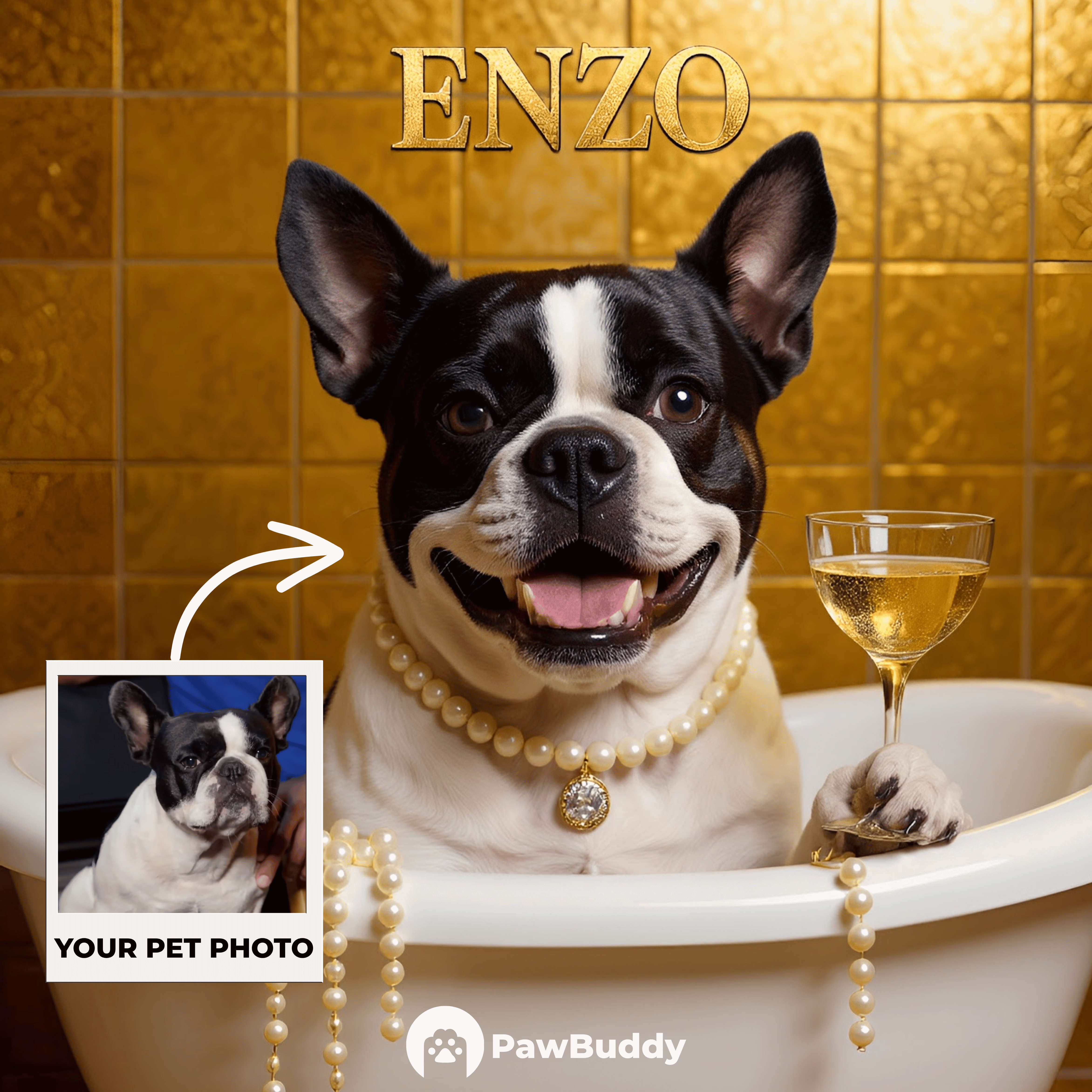 Custom Pet Portrait Golden Glamour Bathtub Digital Artwork - Personalized High-Resolution Artwork for Pet Lovers, Perfect for Online Sharing or as a Unique Luxury-Themed Keepsake