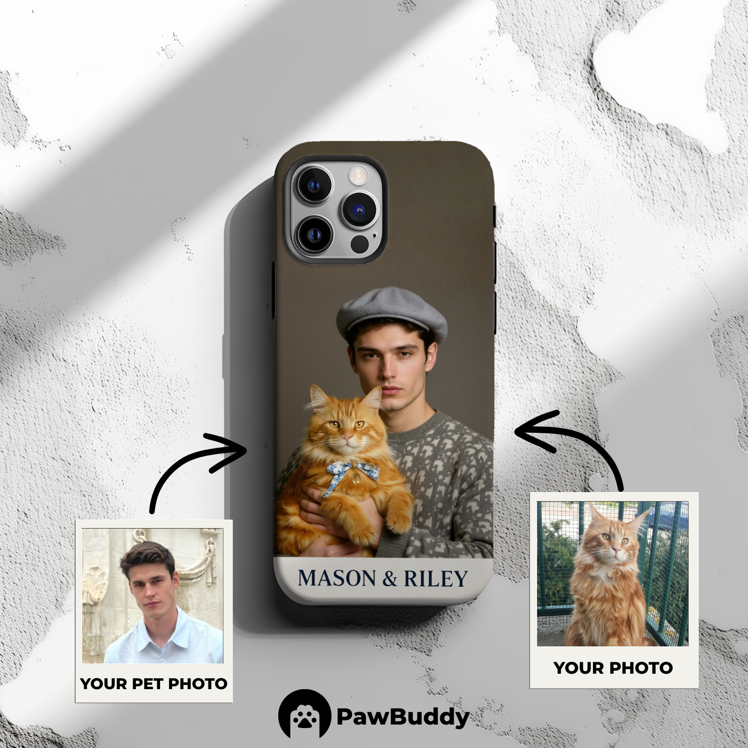 Custom Human & Pet Phone Case for iPhone 11–17, Personalized Elegant French Beret Studio Portrait Design, Dual-Layer Shockproof PC+TPU Protective Cover with Glossy Wraparound Printing, Unique Gift for Pet Lovers