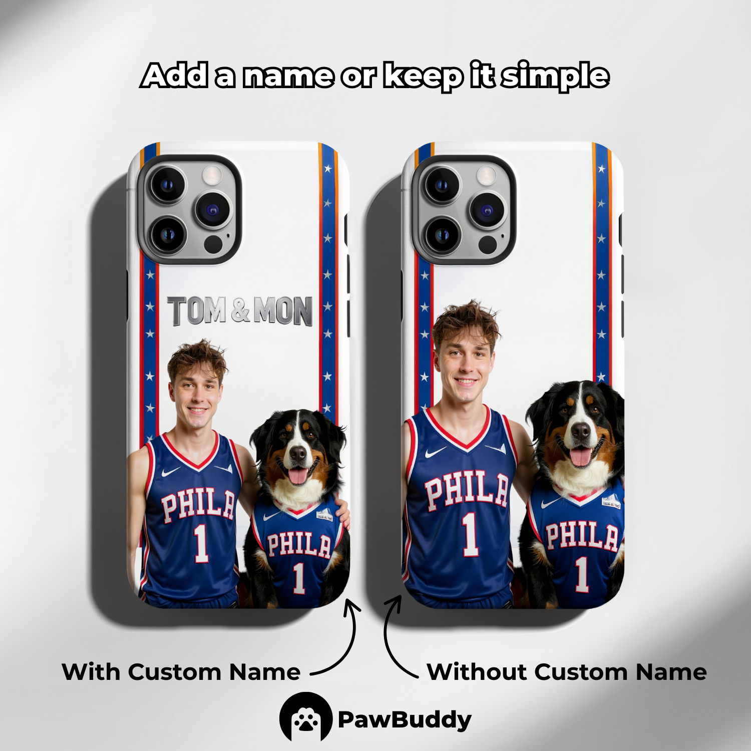Custom Human & Pet Phone Case for iPhone 11–17, Personalized Philadelphia Star Basketball White Border Design, Dual-Layer Shockproof PC+TPU Protective Cover with Glossy Wraparound Printing, Unique Gift for Pet Lovers